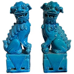 Pair of Vintage Chinese Turquoise Glazed Foo Dogs, 1970s, Hong Kong