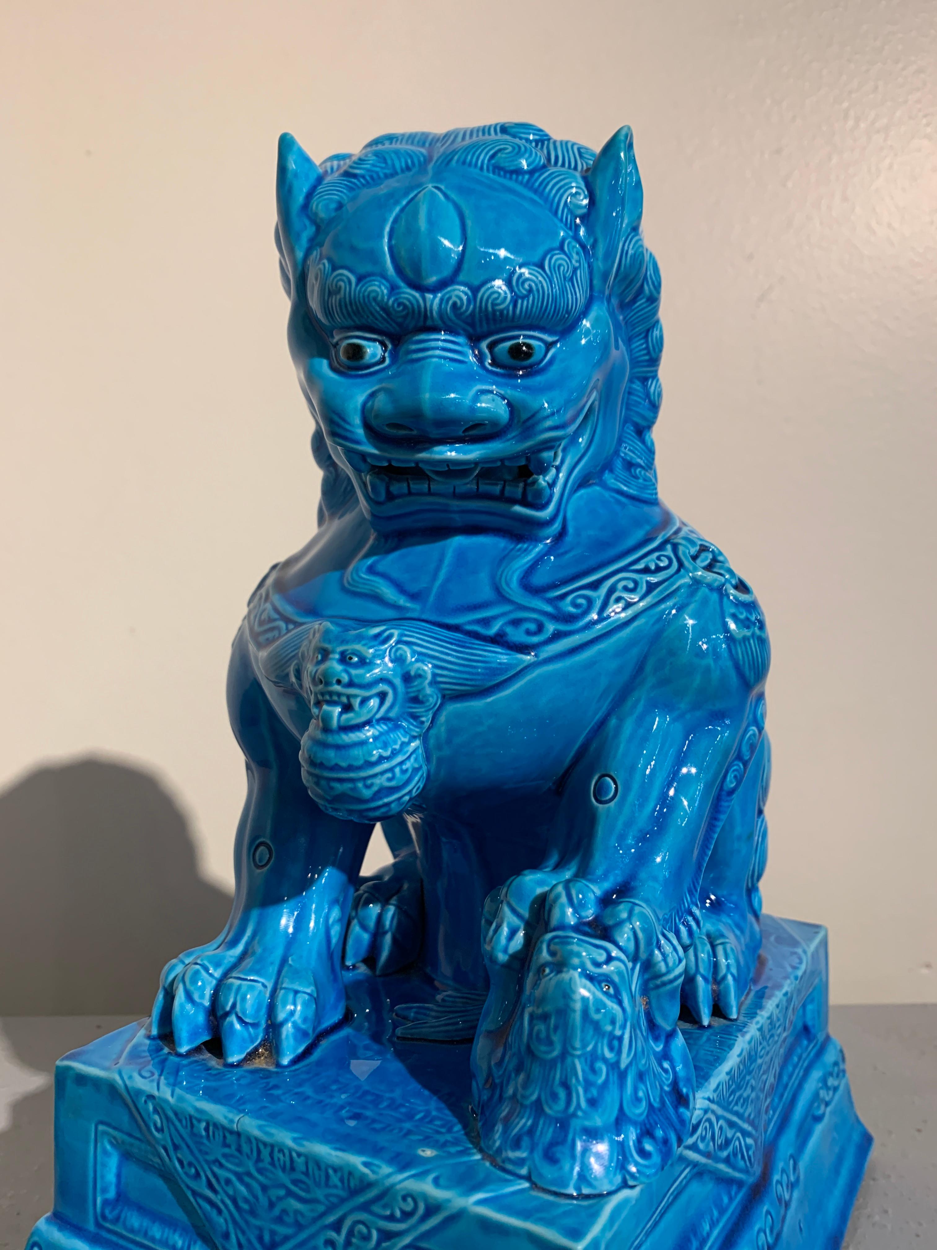 Pair of Vintage Chinese Turquoise Glazed Foo Lions, 1980s 4