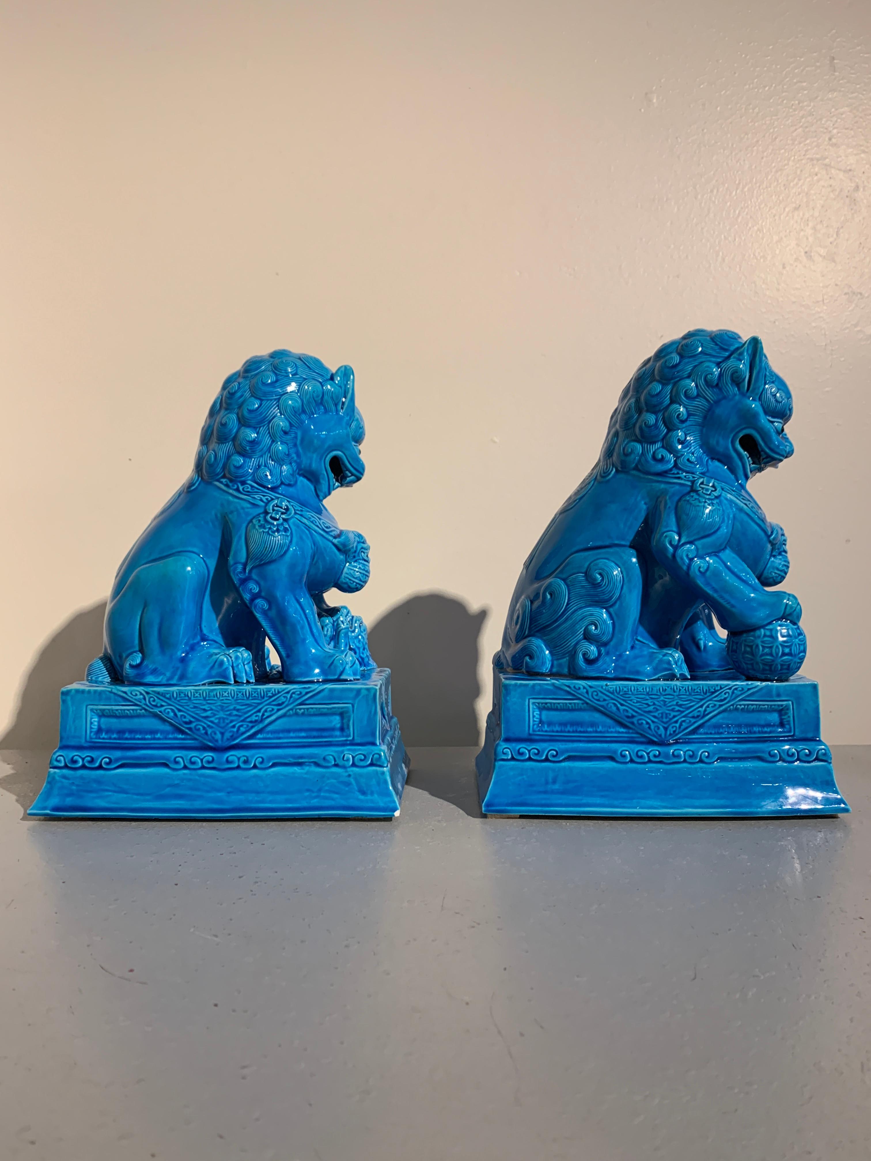 Chinese Export Pair of Vintage Chinese Turquoise Glazed Foo Lions, 1980s