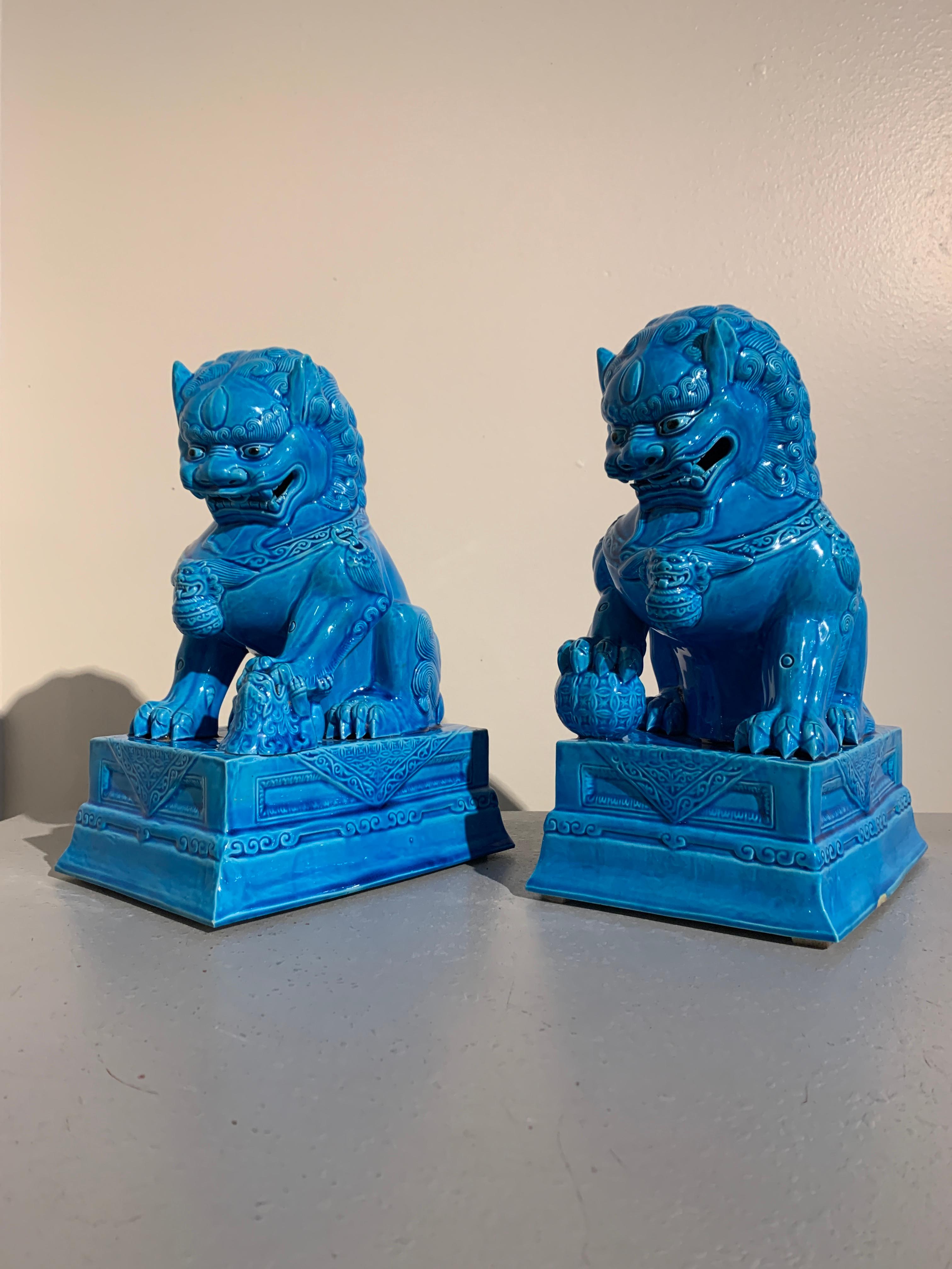 Porcelain Pair of Vintage Chinese Turquoise Glazed Foo Lions, 1980s