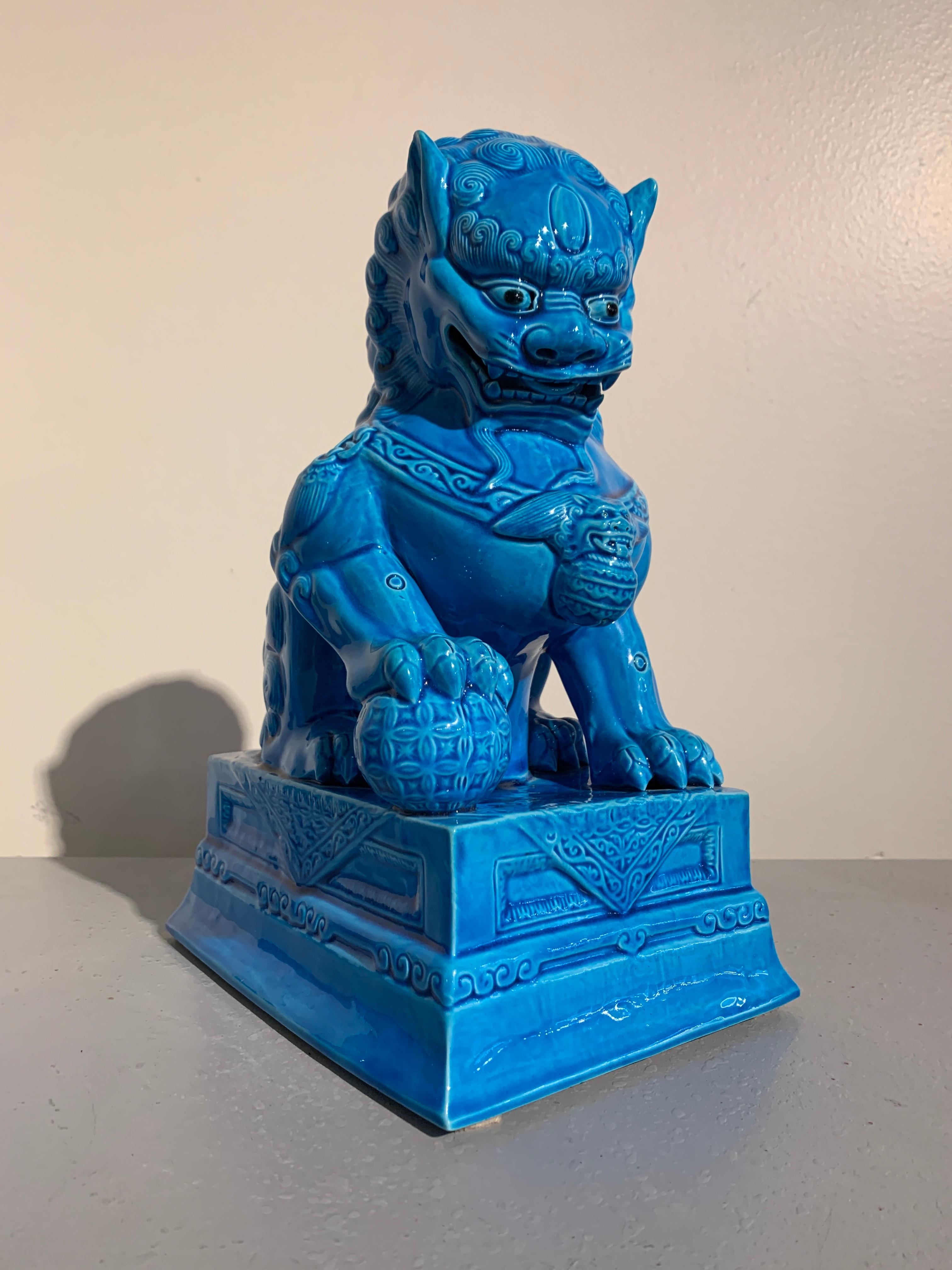 Pair of Vintage Chinese Turquoise Glazed Foo Lions, 1980s 1