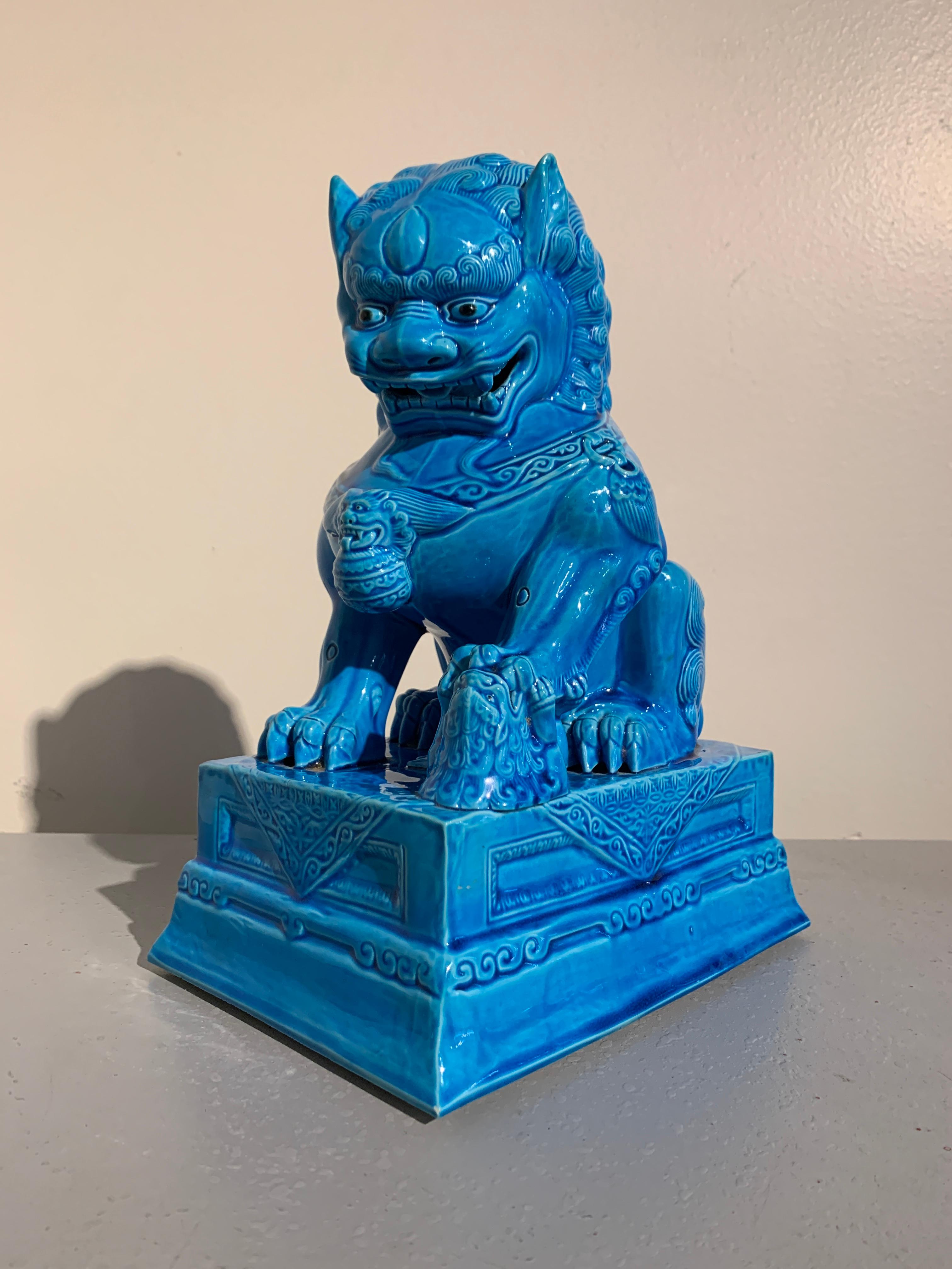 Pair of Vintage Chinese Turquoise Glazed Foo Lions, 1980s 2