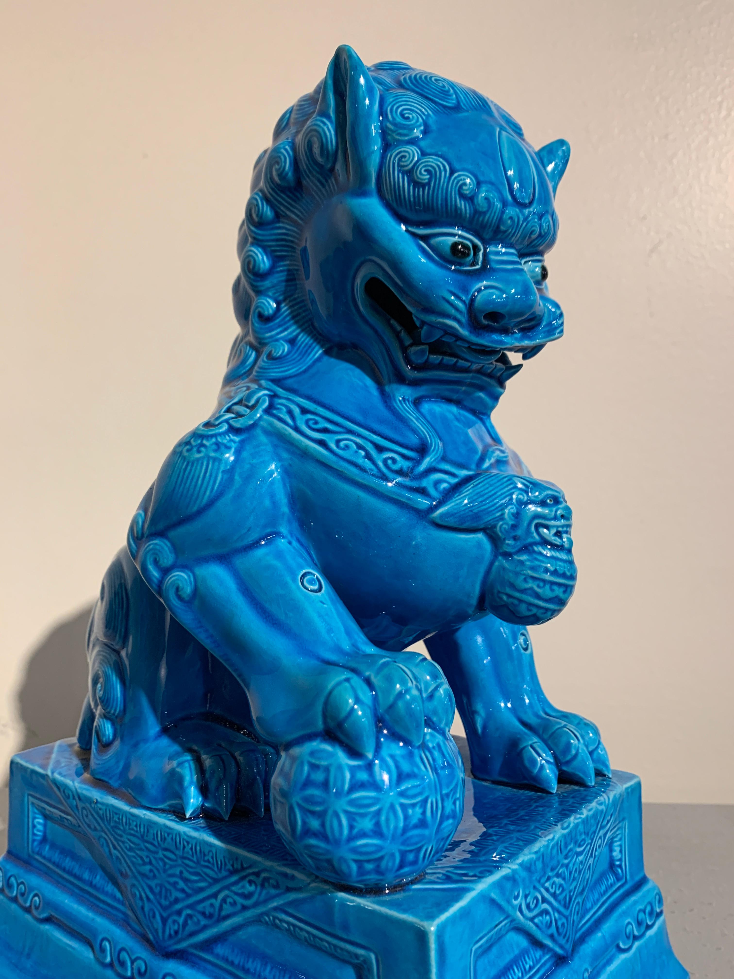 Pair of Vintage Chinese Turquoise Glazed Foo Lions, 1980s 3