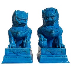 Pair of Vintage Chinese Turquoise Glazed Foo Lions, 1980s