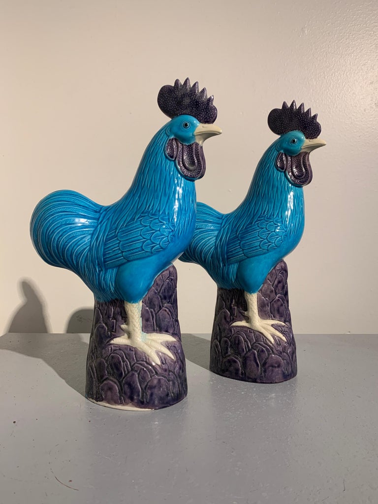 Pair of Vintage Chinese Turquoise Glazed Roosters, Late 20th Century at