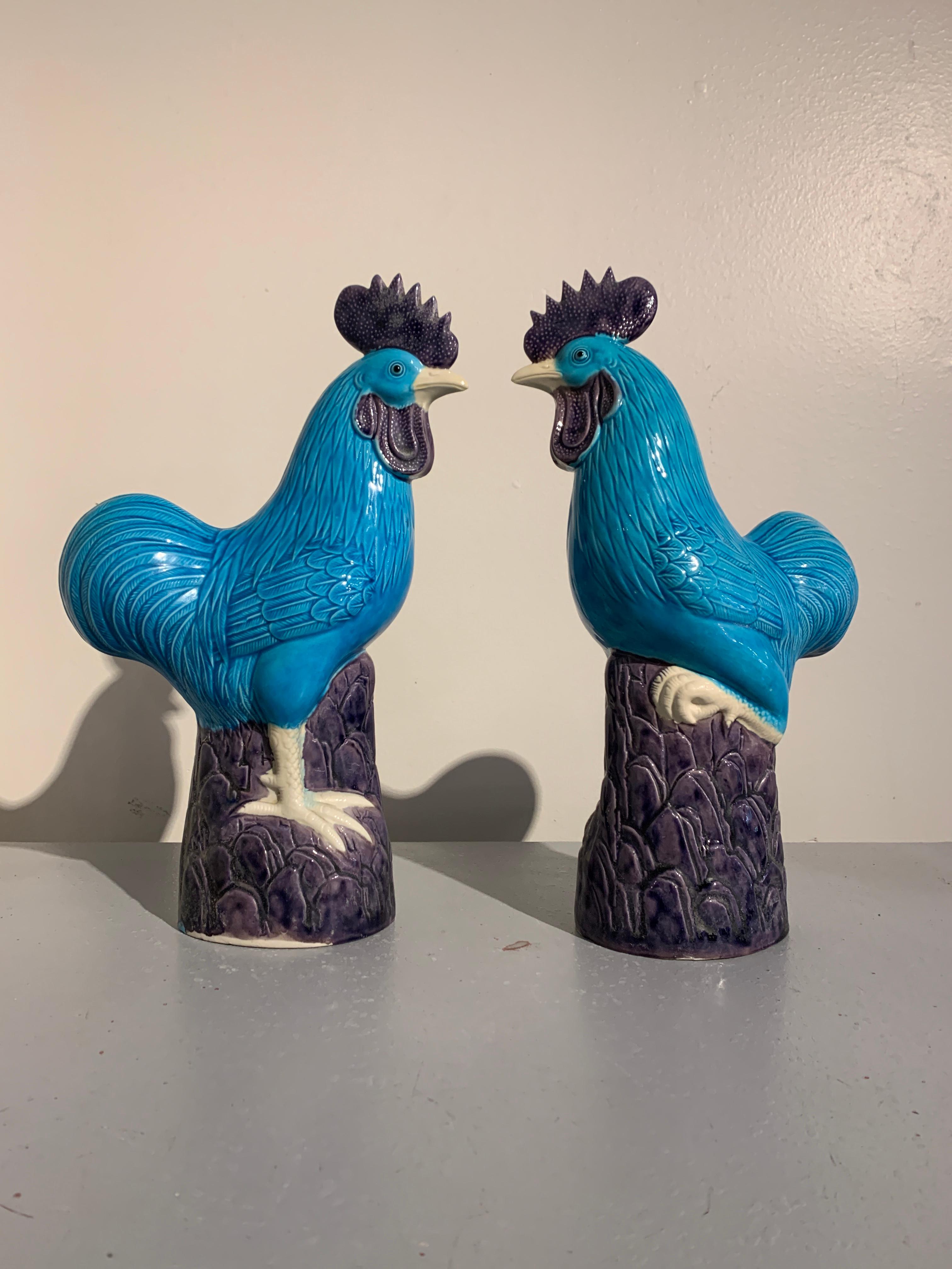 Chinese Export Pair of Vintage Chinese Turquoise Glazed Roosters, Late 20th Century