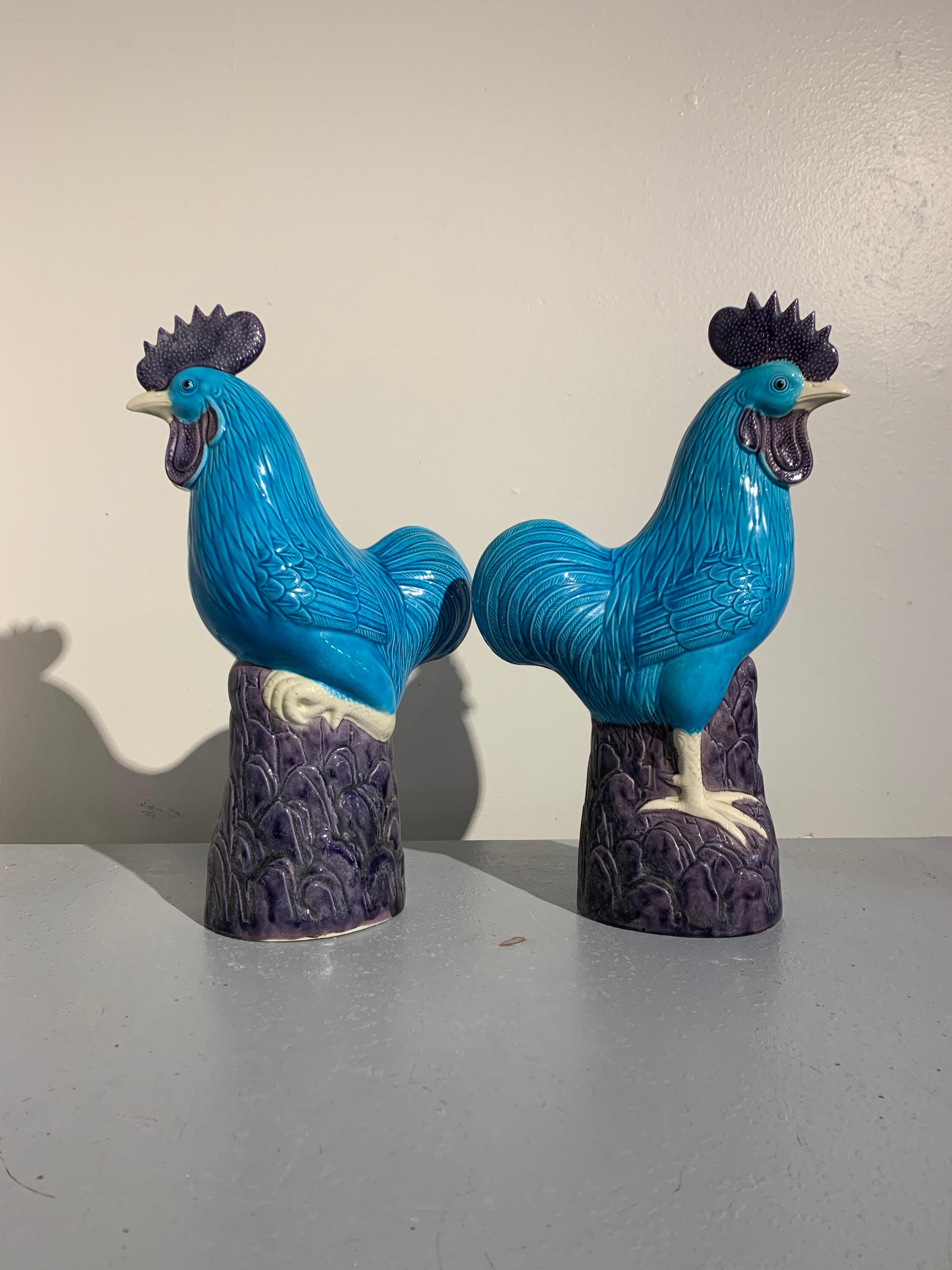 Pair of Vintage Chinese Turquoise Glazed Roosters, Late 20th Century In Good Condition In Austin, TX