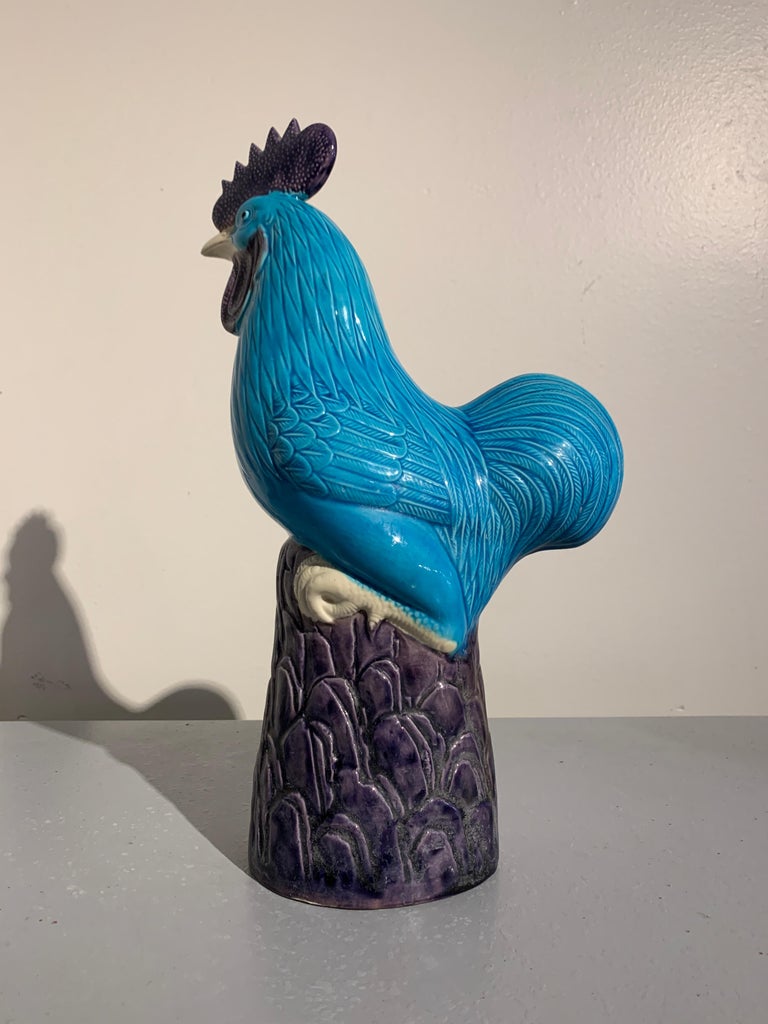 Pair of Vintage Chinese Turquoise Glazed Roosters, Late 20th Century at