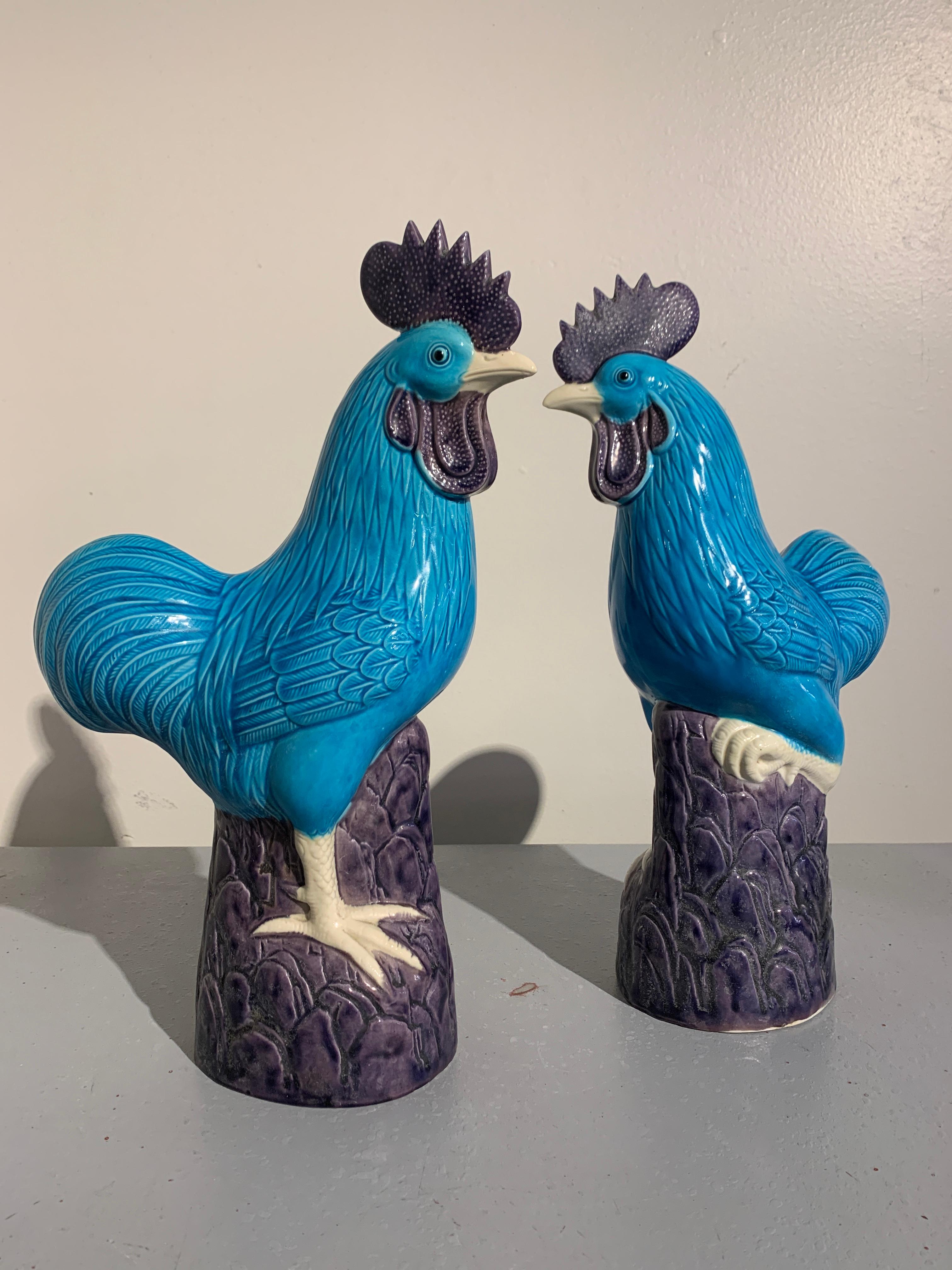 Pair of Vintage Chinese Turquoise Glazed Roosters, Late 20th Century 3