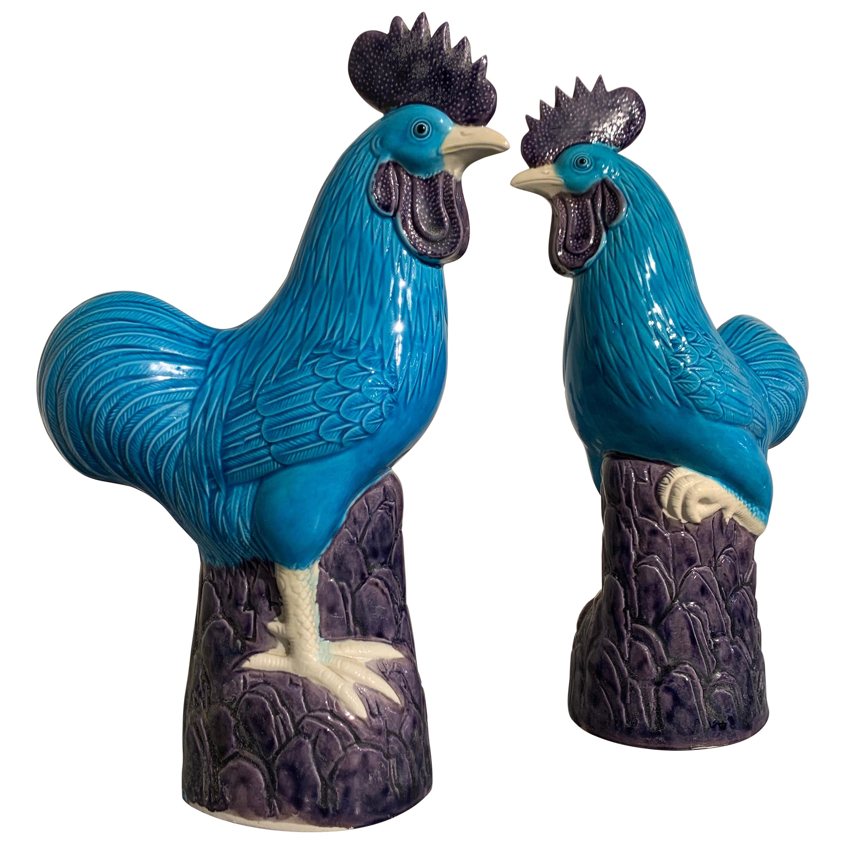 Pair of Vintage Chinese Turquoise Glazed Roosters, Late 20th Century