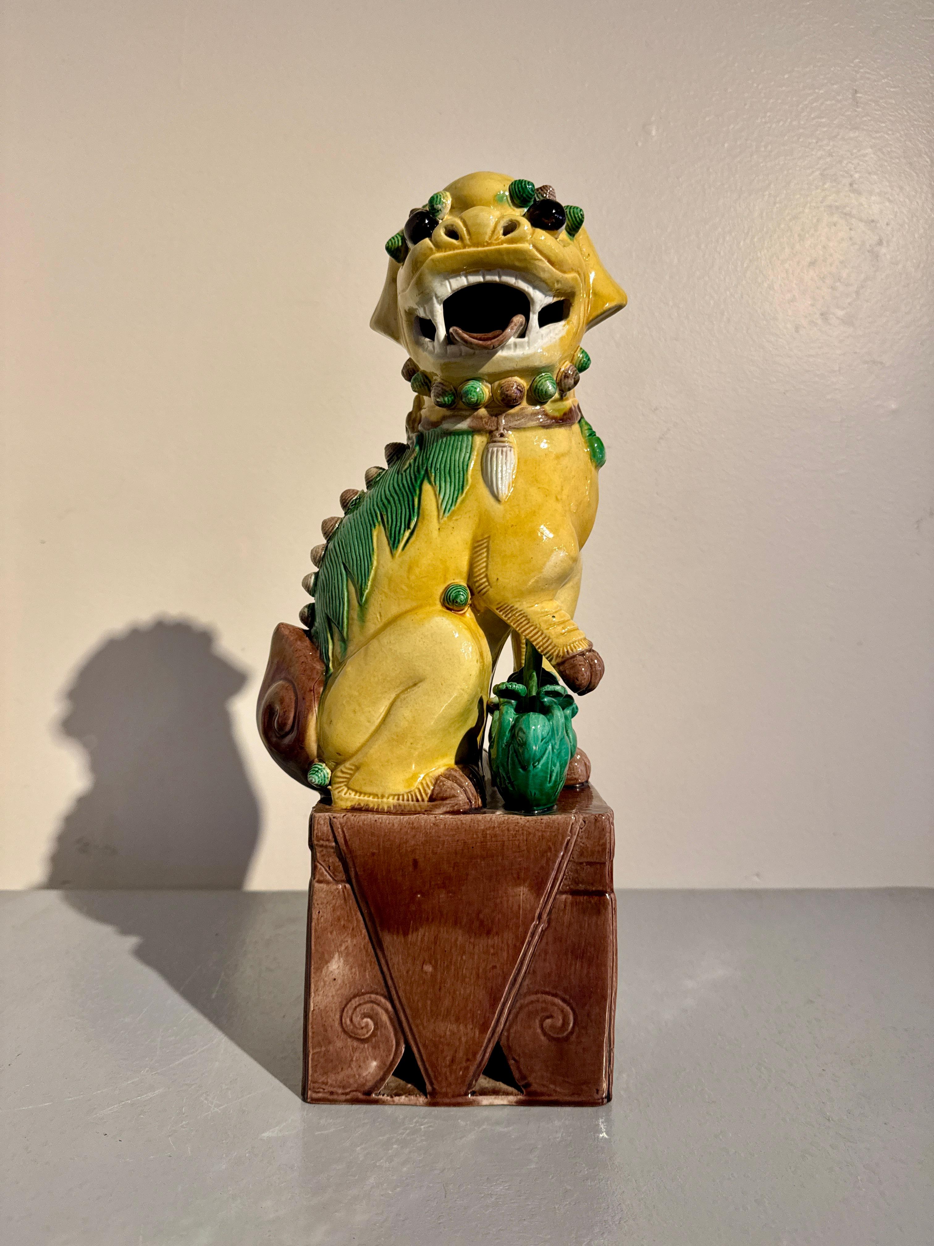 Pair Vintage Chinese Yellow Glazed Tall Foo Dogs, Mid 20th Century, China For Sale 5