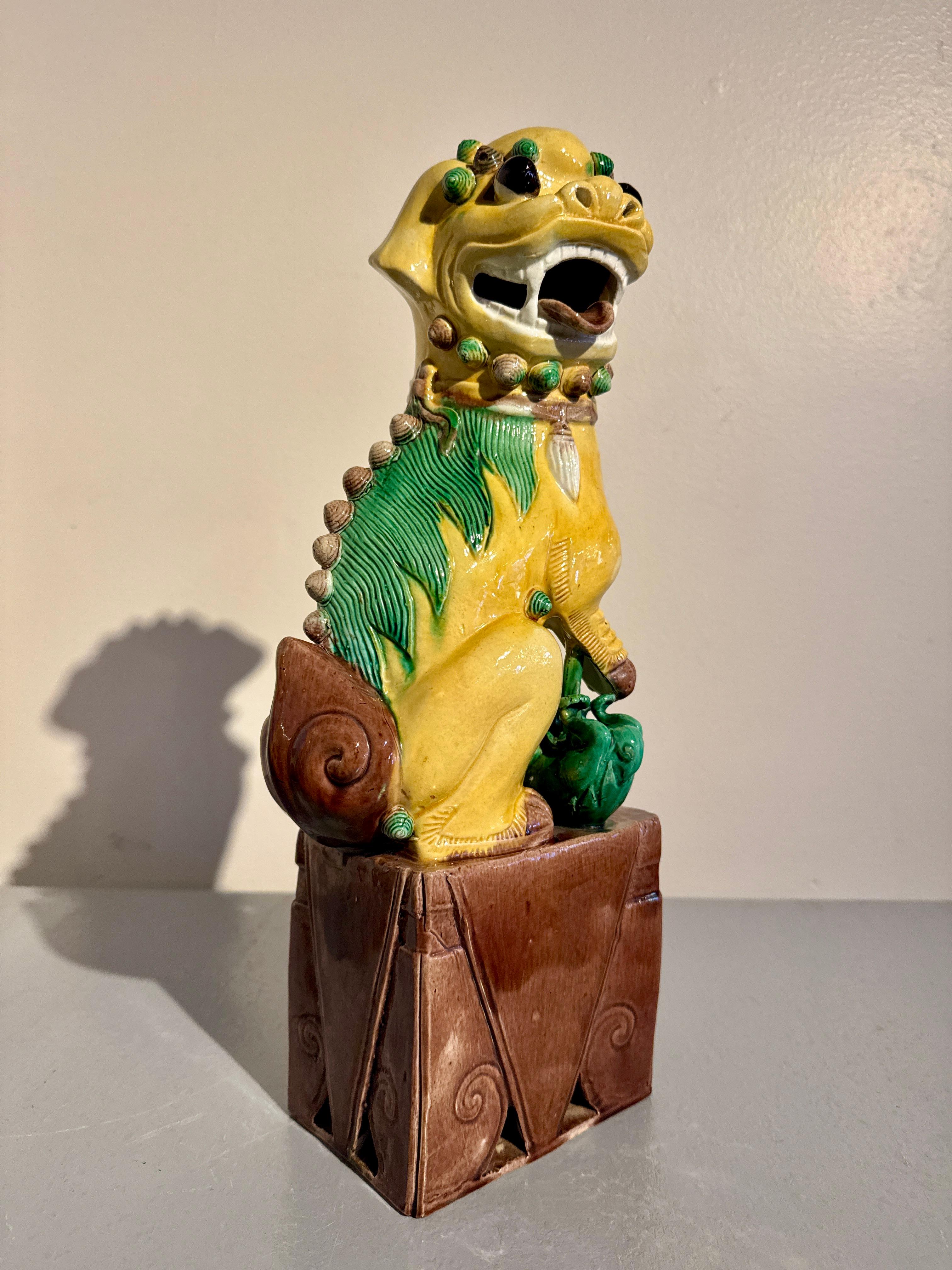 Pair Vintage Chinese Yellow Glazed Tall Foo Dogs, Mid 20th Century, China For Sale 6