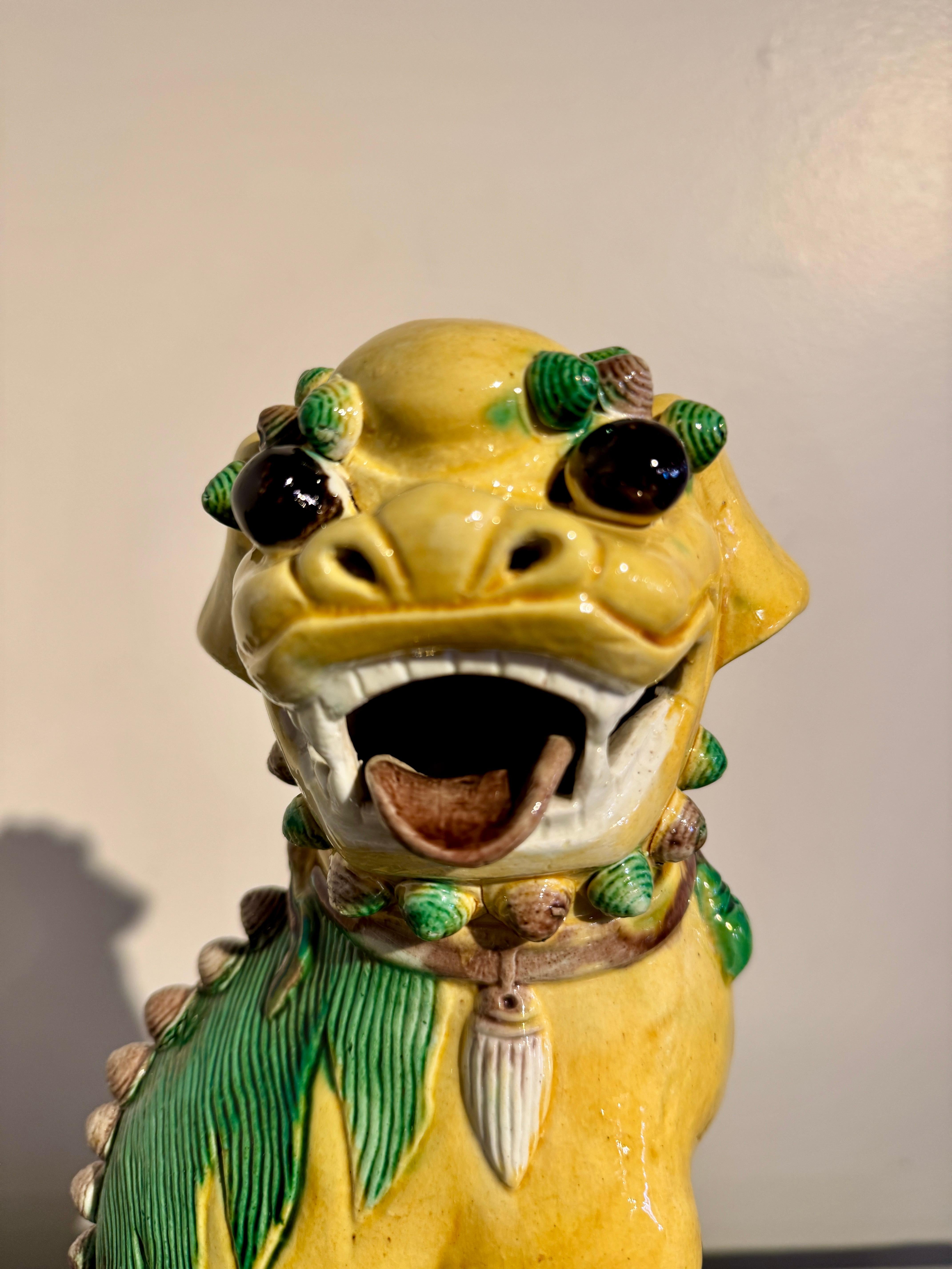 Pair Vintage Chinese Yellow Glazed Tall Foo Dogs, Mid 20th Century, China For Sale 7