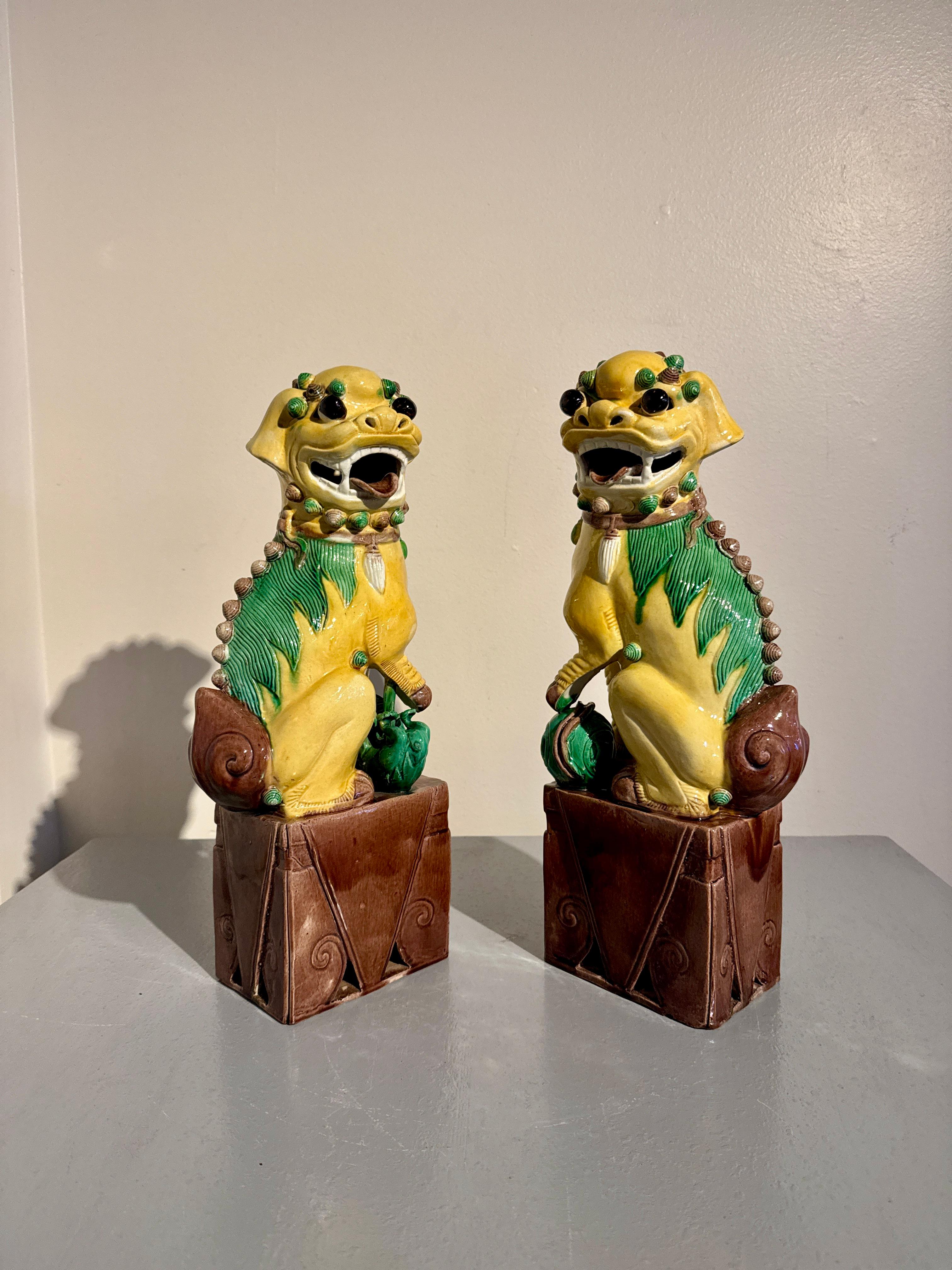 A fun and colorful pair of vintage Chinese famille jaune glazed porcelain tall (15