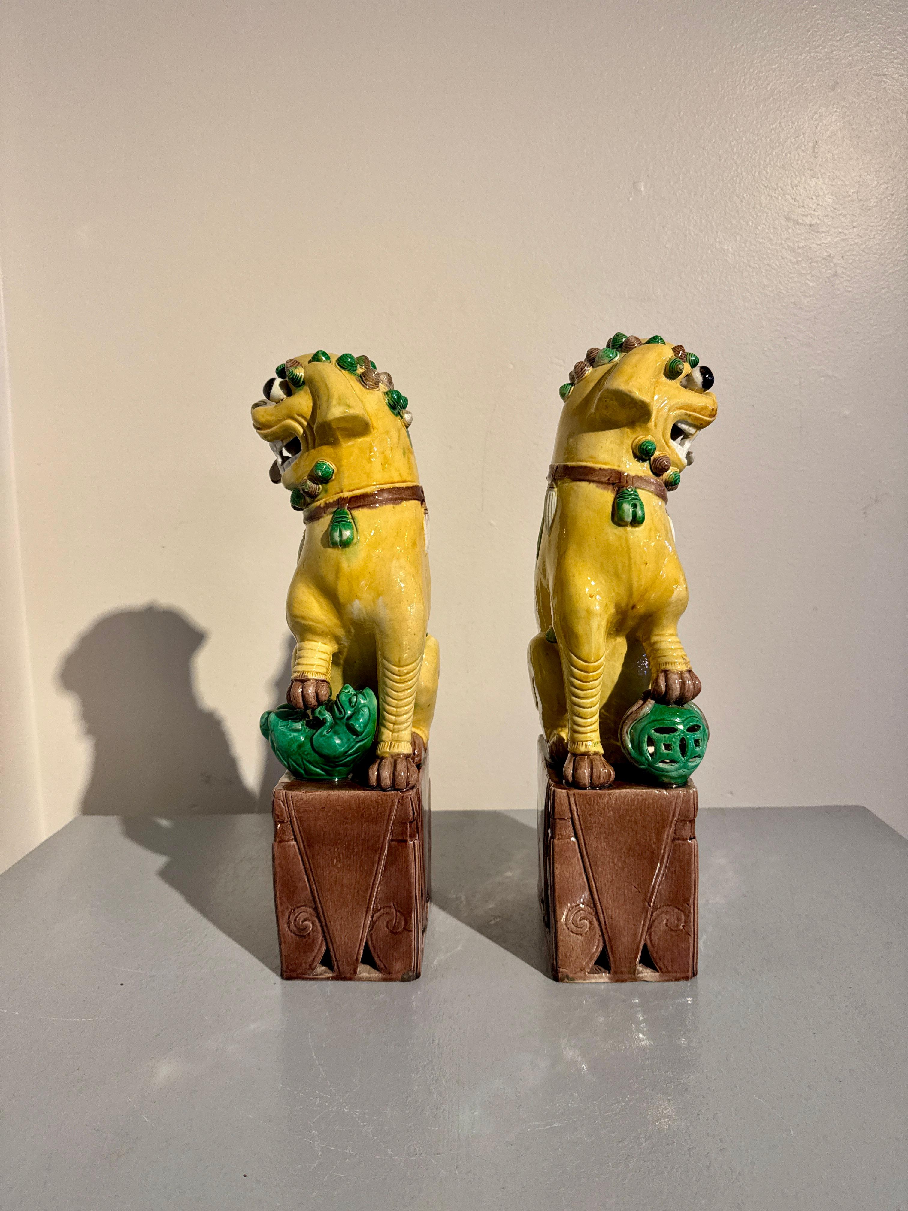 Chinese Export Pair Vintage Chinese Yellow Glazed Tall Foo Dogs, Mid 20th Century, China For Sale