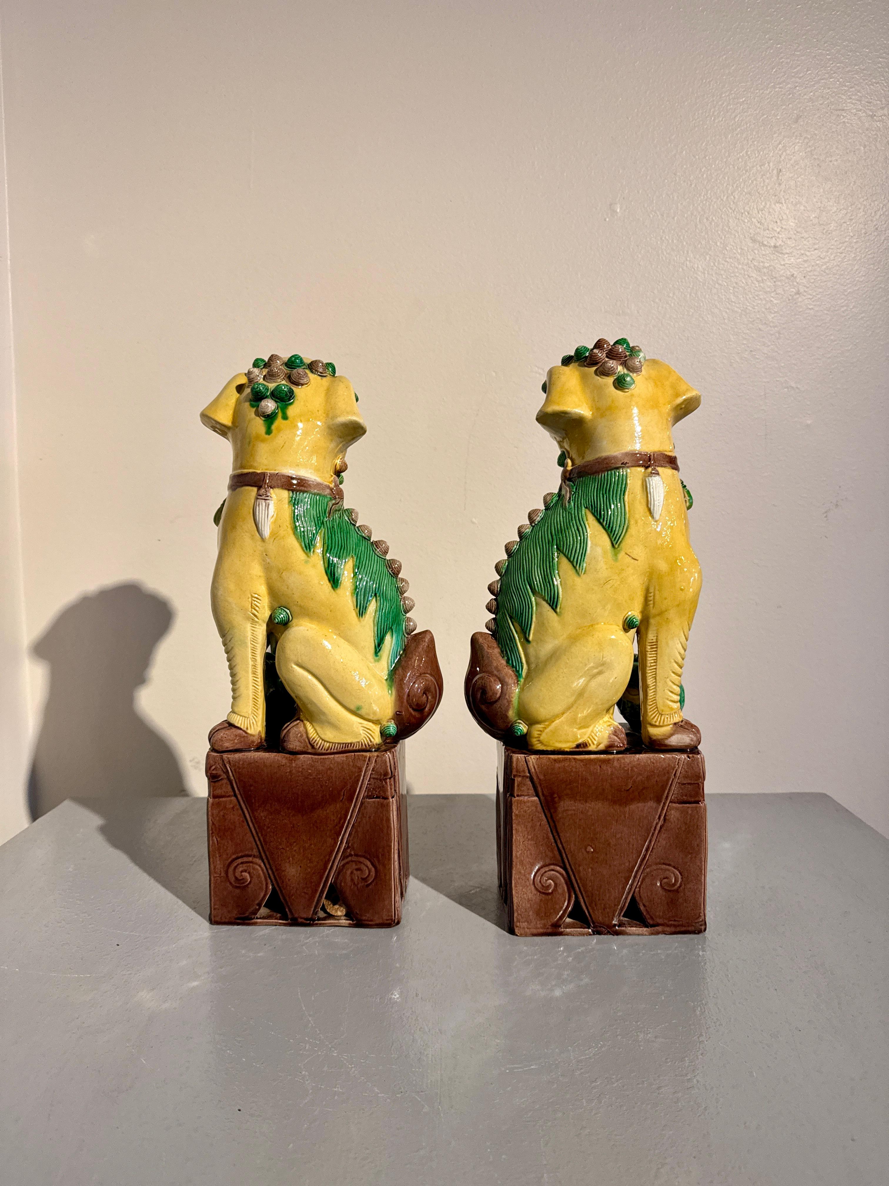 Fired Pair Vintage Chinese Yellow Glazed Tall Foo Dogs, Mid 20th Century, China For Sale