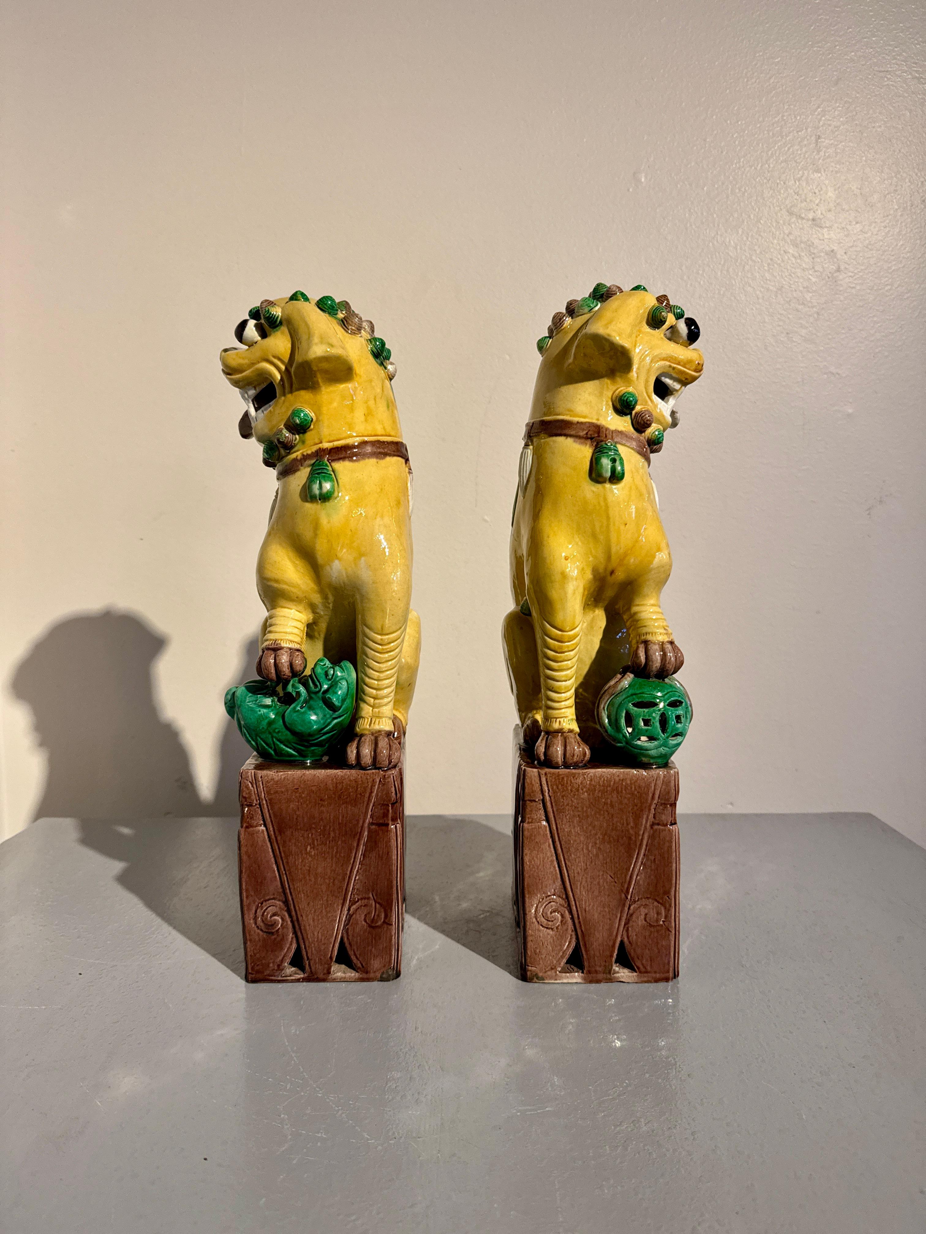 Pair Vintage Chinese Yellow Glazed Tall Foo Dogs, Mid 20th Century, China In Good Condition For Sale In Austin, TX