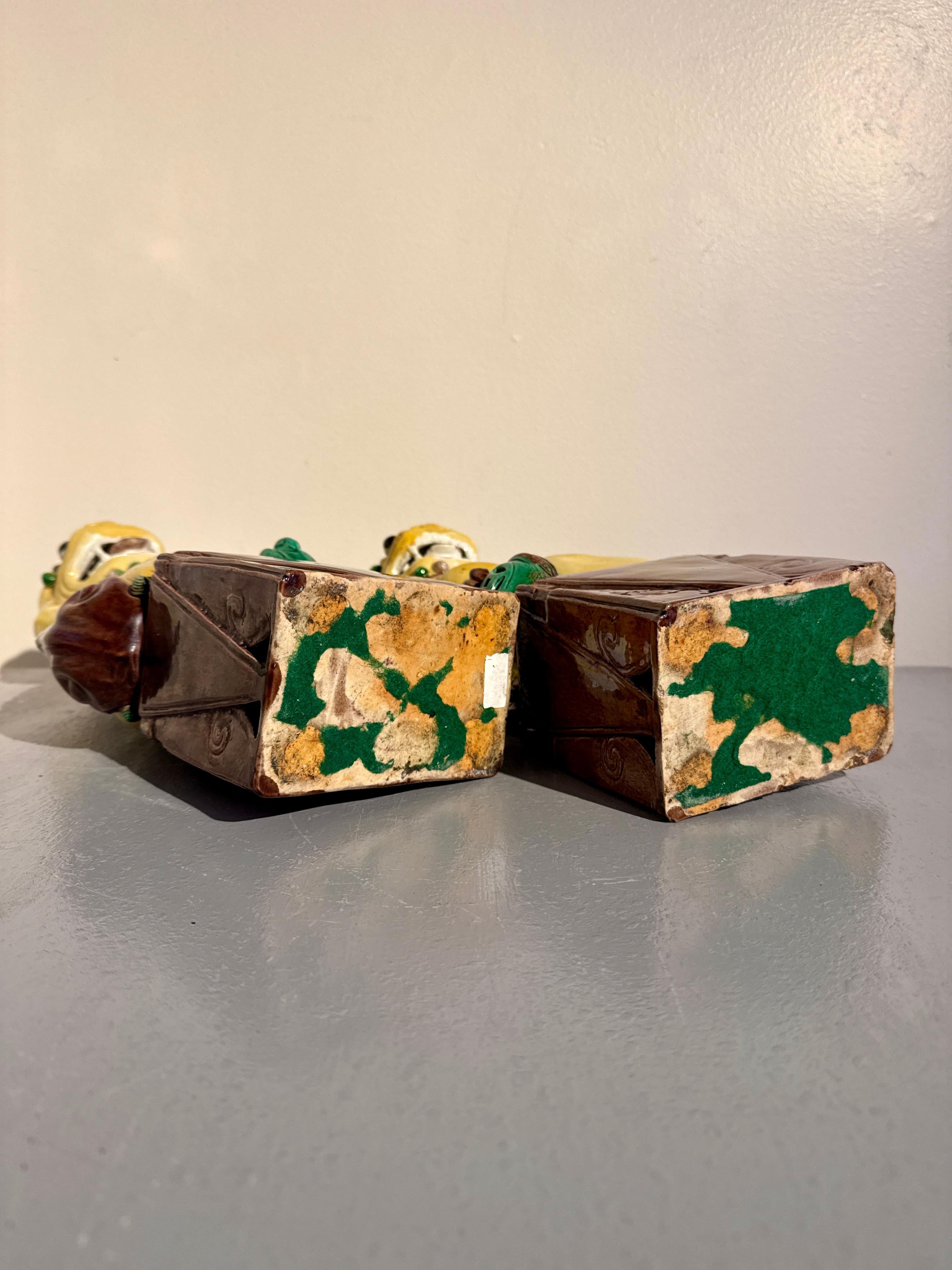 Enamel Pair Vintage Chinese Yellow Glazed Tall Foo Dogs, Mid 20th Century, China For Sale