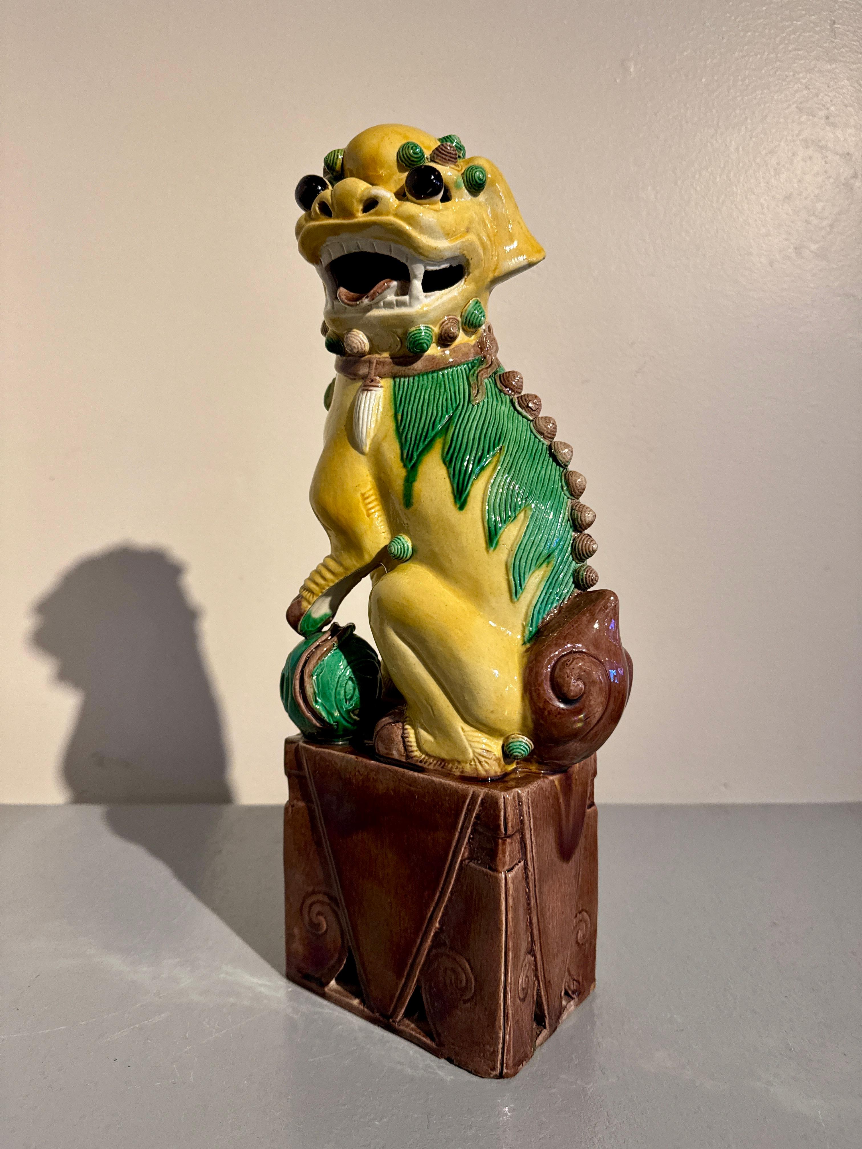 Pair Vintage Chinese Yellow Glazed Tall Foo Dogs, Mid 20th Century, China For Sale 1