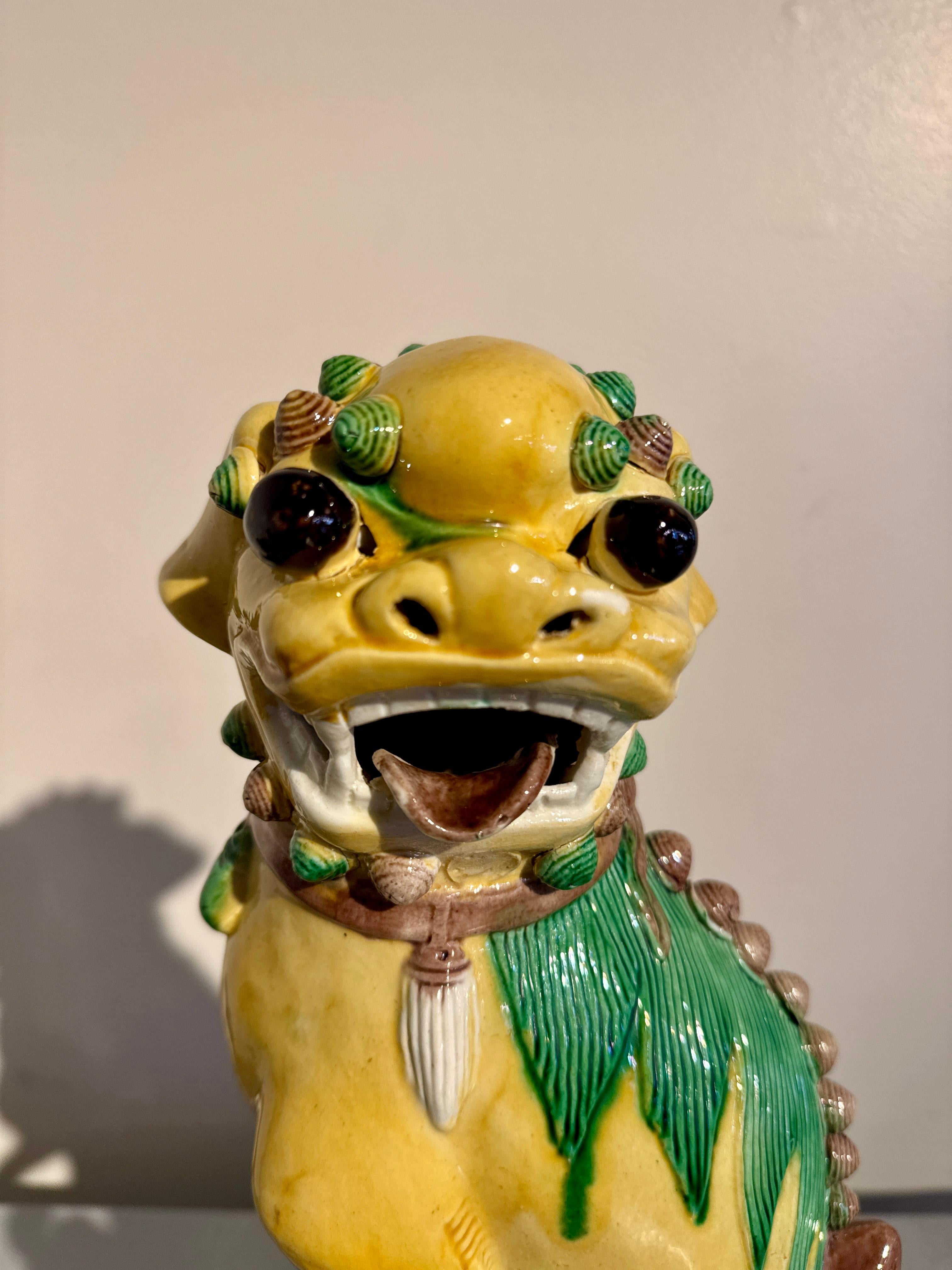Pair Vintage Chinese Yellow Glazed Tall Foo Dogs, Mid 20th Century, China For Sale 2