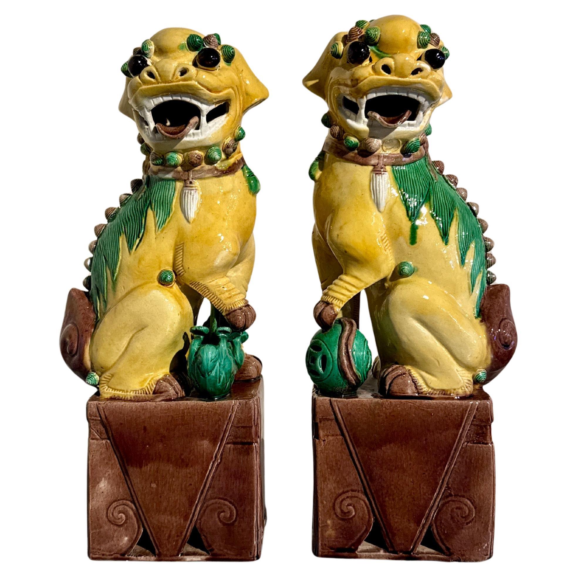 Pareja de perros Foo altos chinos vintage esmaltados en amarillo, mediados del siglo XX, China