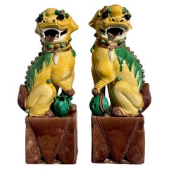 Pareja de perros Foo altos chinos vintage esmaltados en amarillo, mediados del siglo XX, China