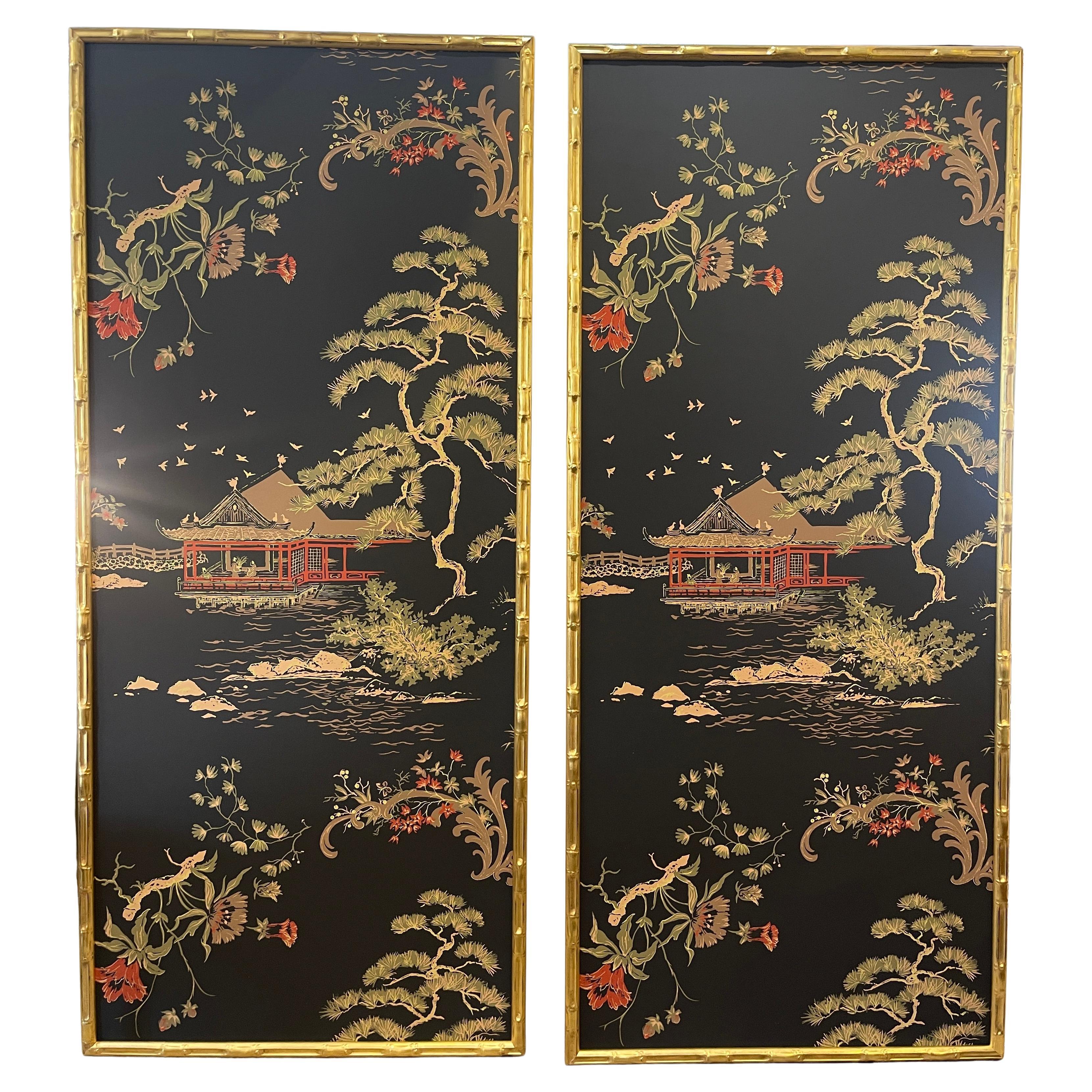 Pair Vintage Chinoiserie Framed Wallpaper Panels, by Philip Graf Inc, 1950s