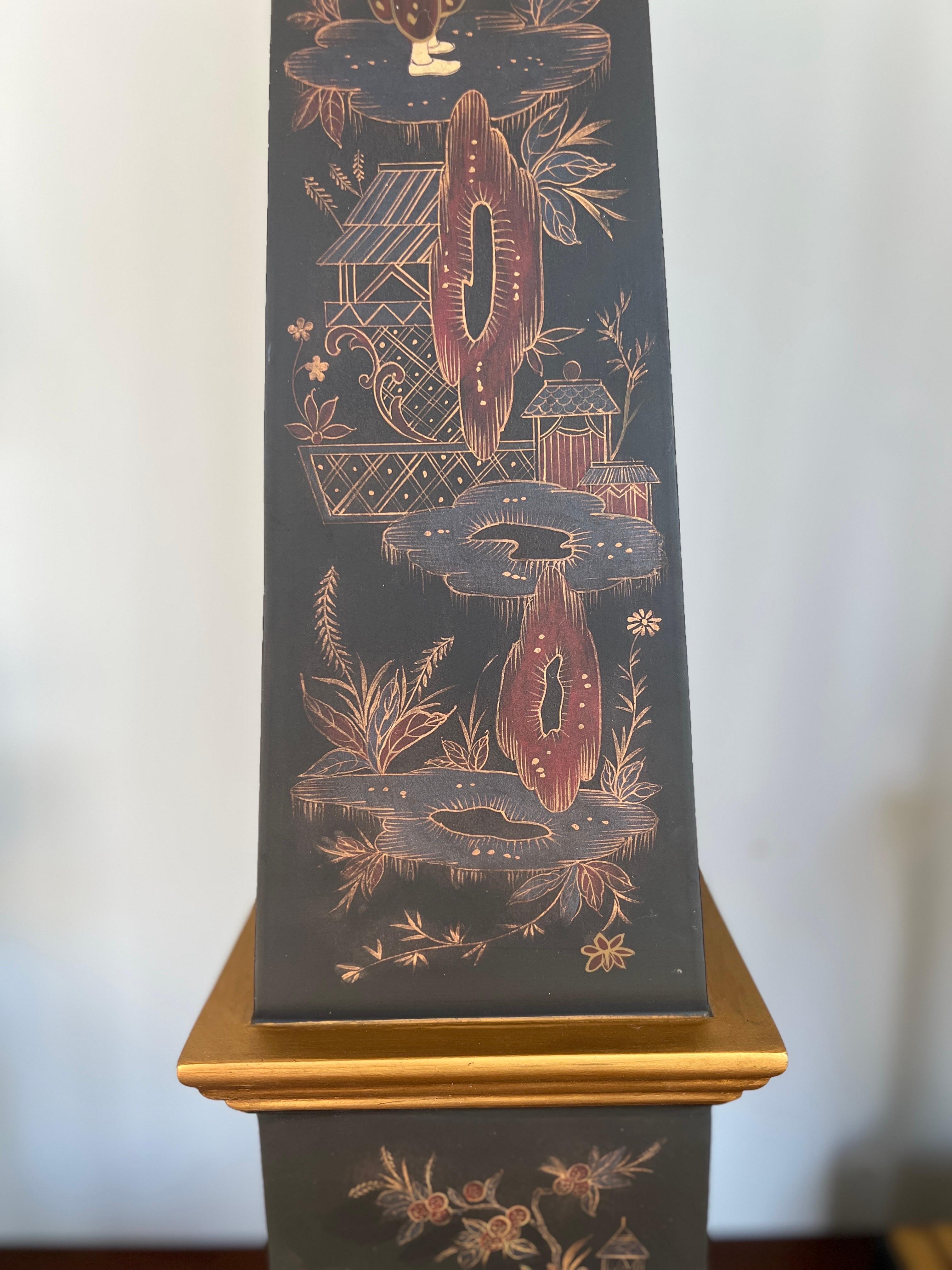 20th Century Pair, Vintage Chinoiserie & Partial Gilt Wood Decorated Obelisks For Sale