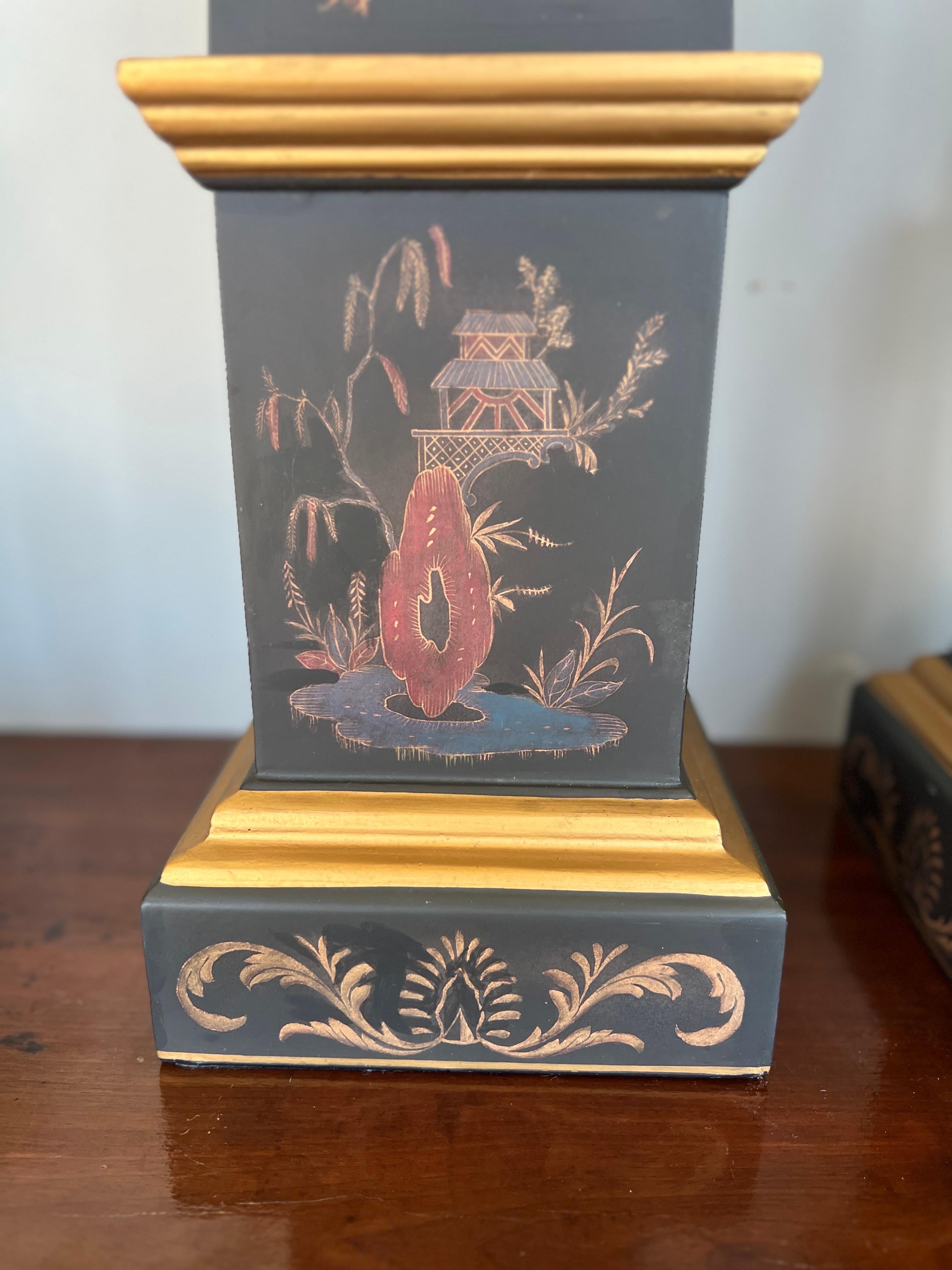 Pair, Vintage Chinoiserie & Partial Gilt Wood Decorated Obelisks For Sale 1