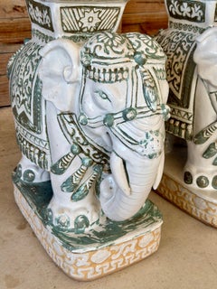 Pair Vintage Chinoiserie Regency Glazed Terracotta Ceramic Elephant Garden Seats