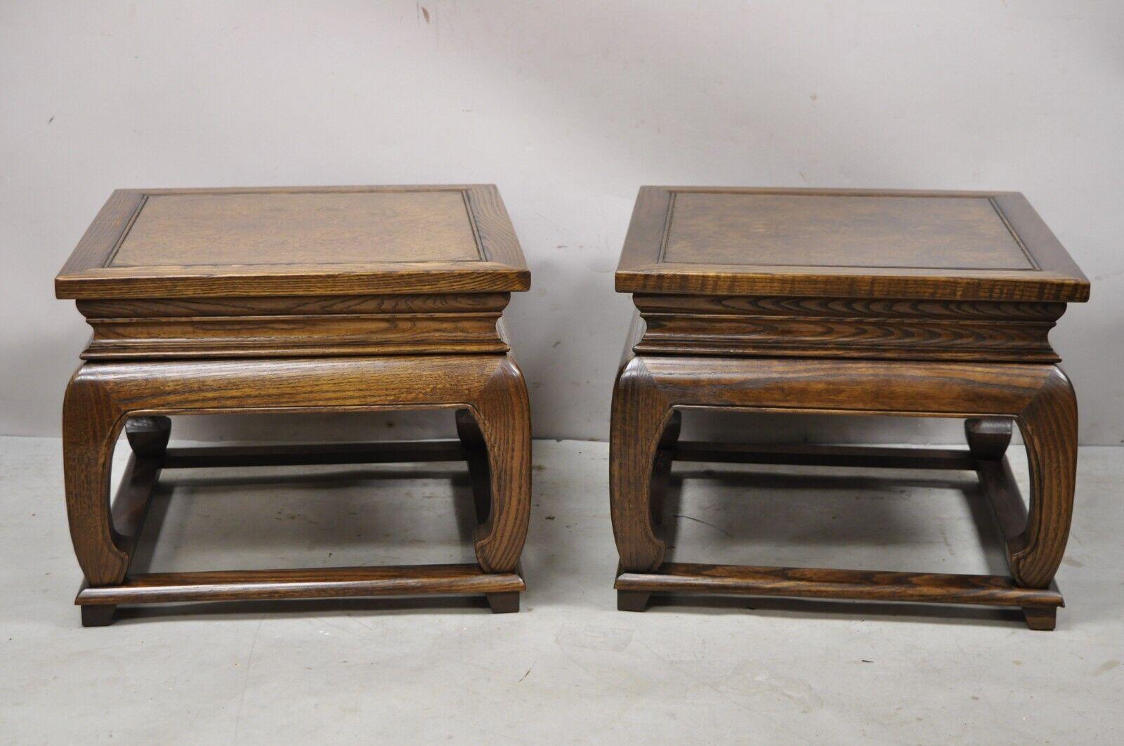 Pair vintage Chinoiserie style burl wood ming style low pedestal side end tables. Item features a low sleek form, stretcher bases, solid wood construction, beautiful wood grain, very nice vintage pair, quality American craftsmanship. Circa mid to
