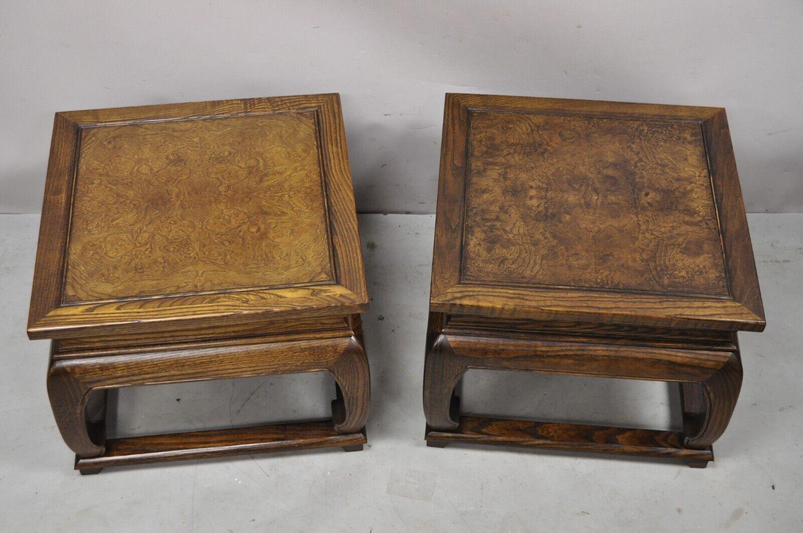 Pair Vintage Chinoiserie Style Burl Wood Ming Style Low Pedestal Side End Tables In Good Condition In Philadelphia, PA