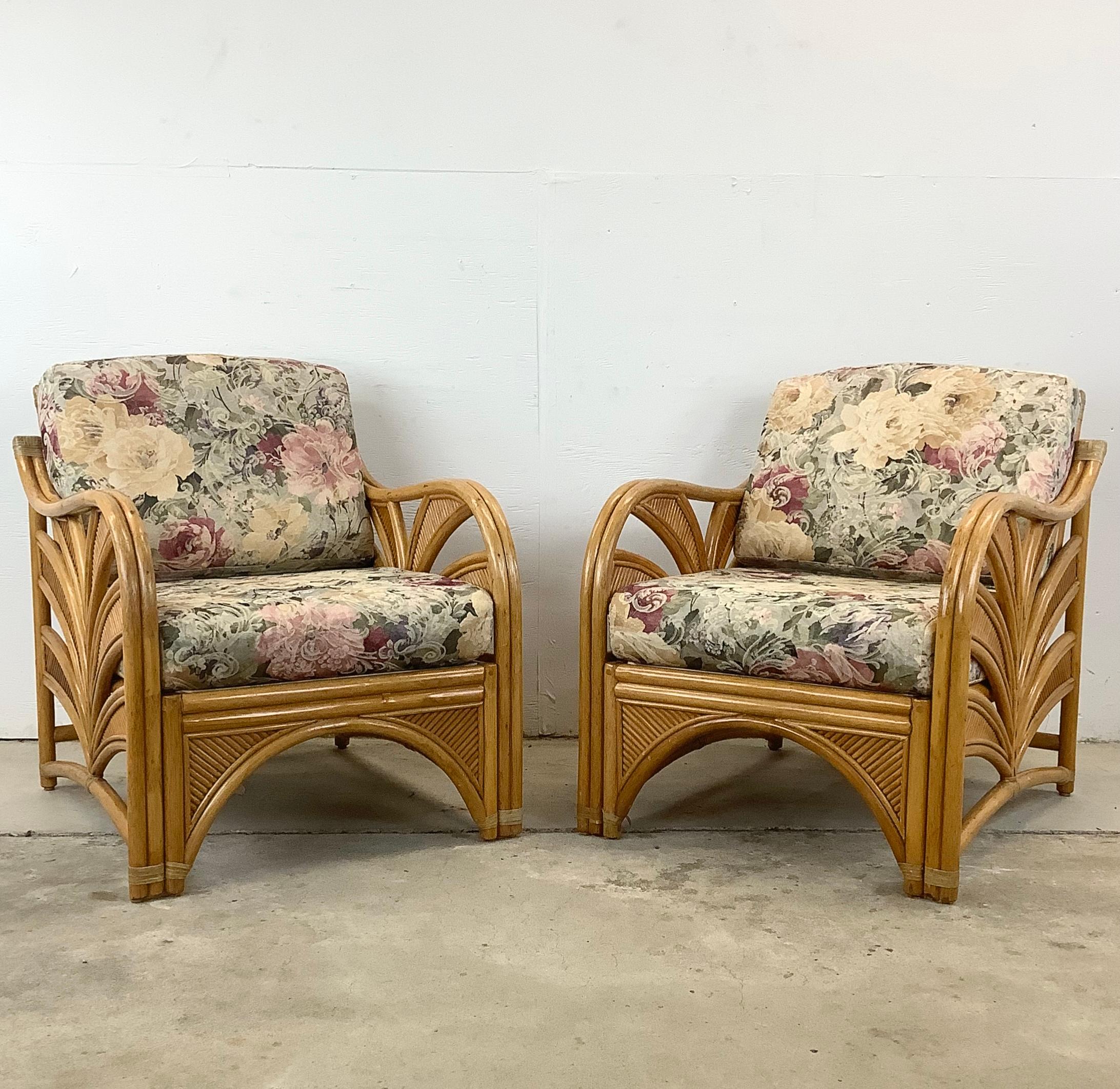Pair Vintage Coastal Rattan Lounge Chairs  9