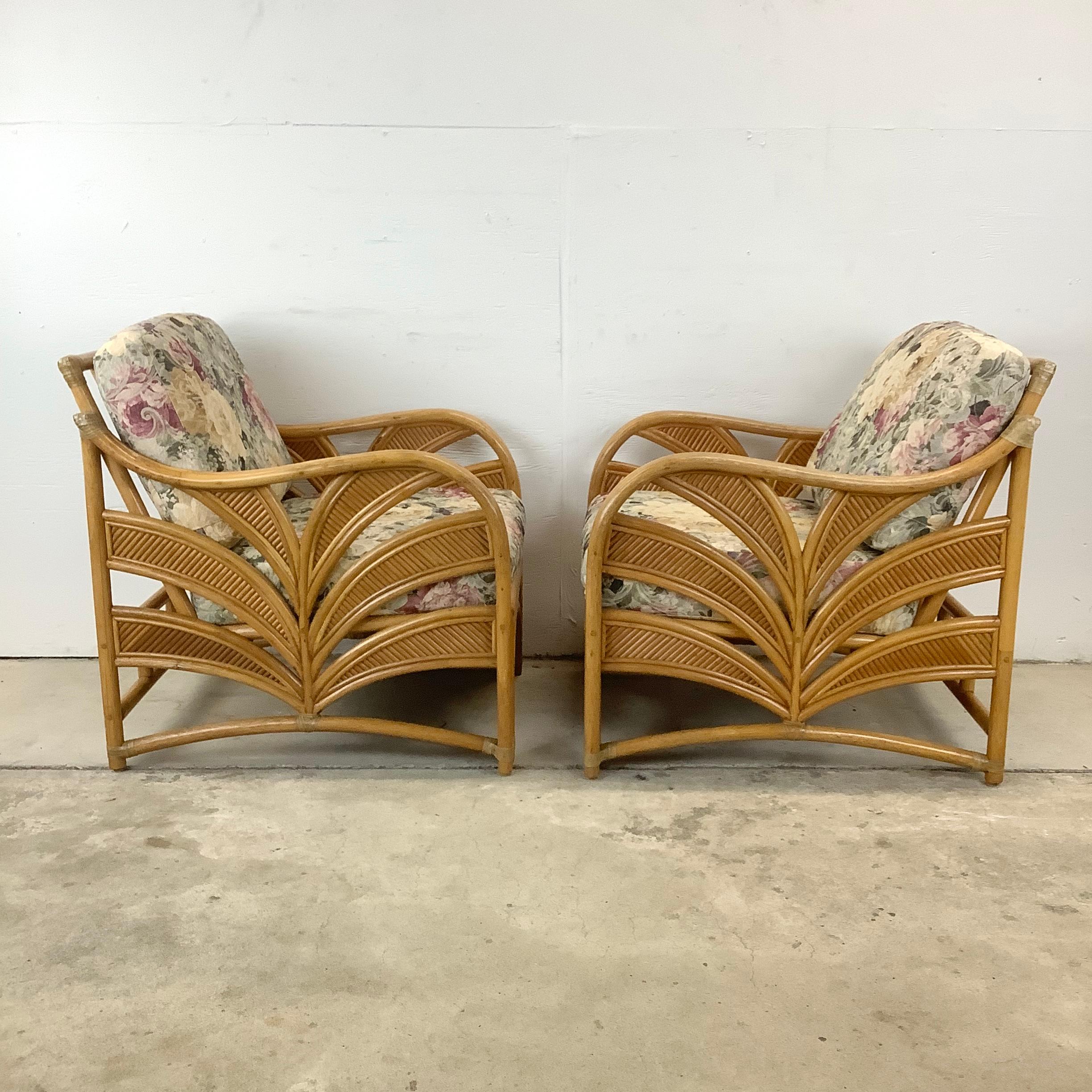 Bohemian Pair Vintage Coastal Rattan Lounge Chairs 