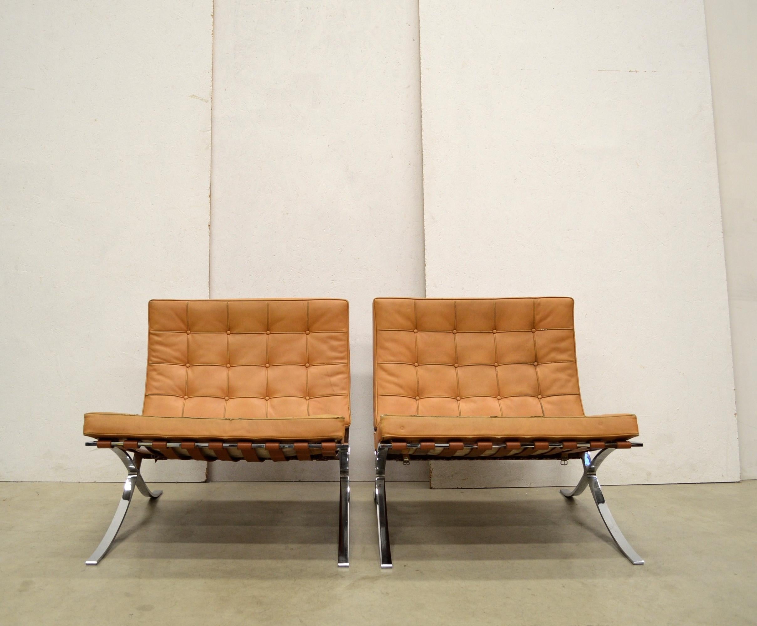 These rare Barcelona chairs were designed by Mies van der Rohe in 1929 and produced by Knoll International in the 1970s. 

The pieces features an amazing hand dyed cognac leather upholstery with on a chromed steel base. 

The Barcelona chairs