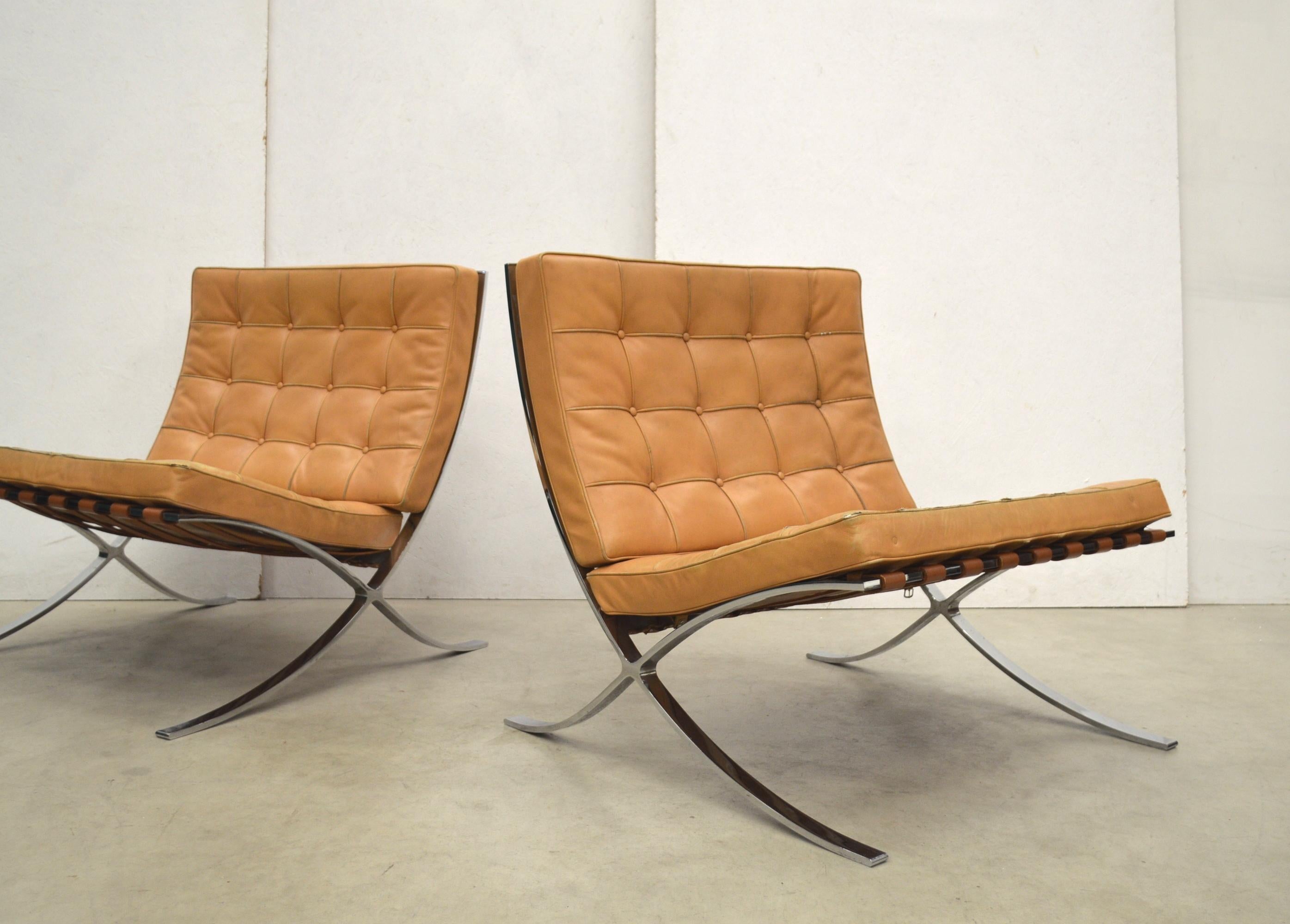 Bauhaus Pair Vintage Cognac Barcelona Chair by Mies van der Rohe Knoll 1970s