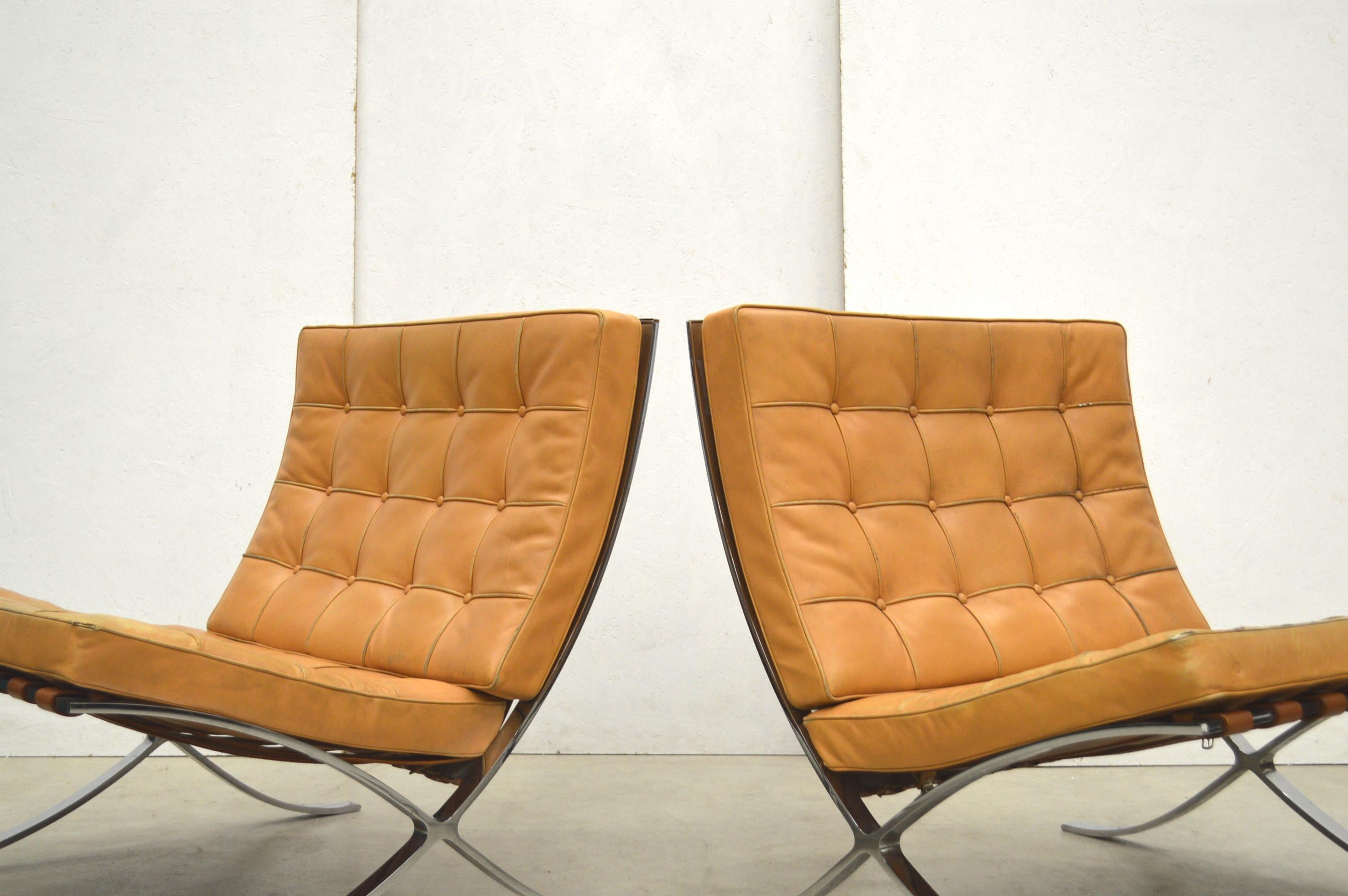 German Pair Vintage Cognac Barcelona Chair by Mies van der Rohe Knoll 1970s