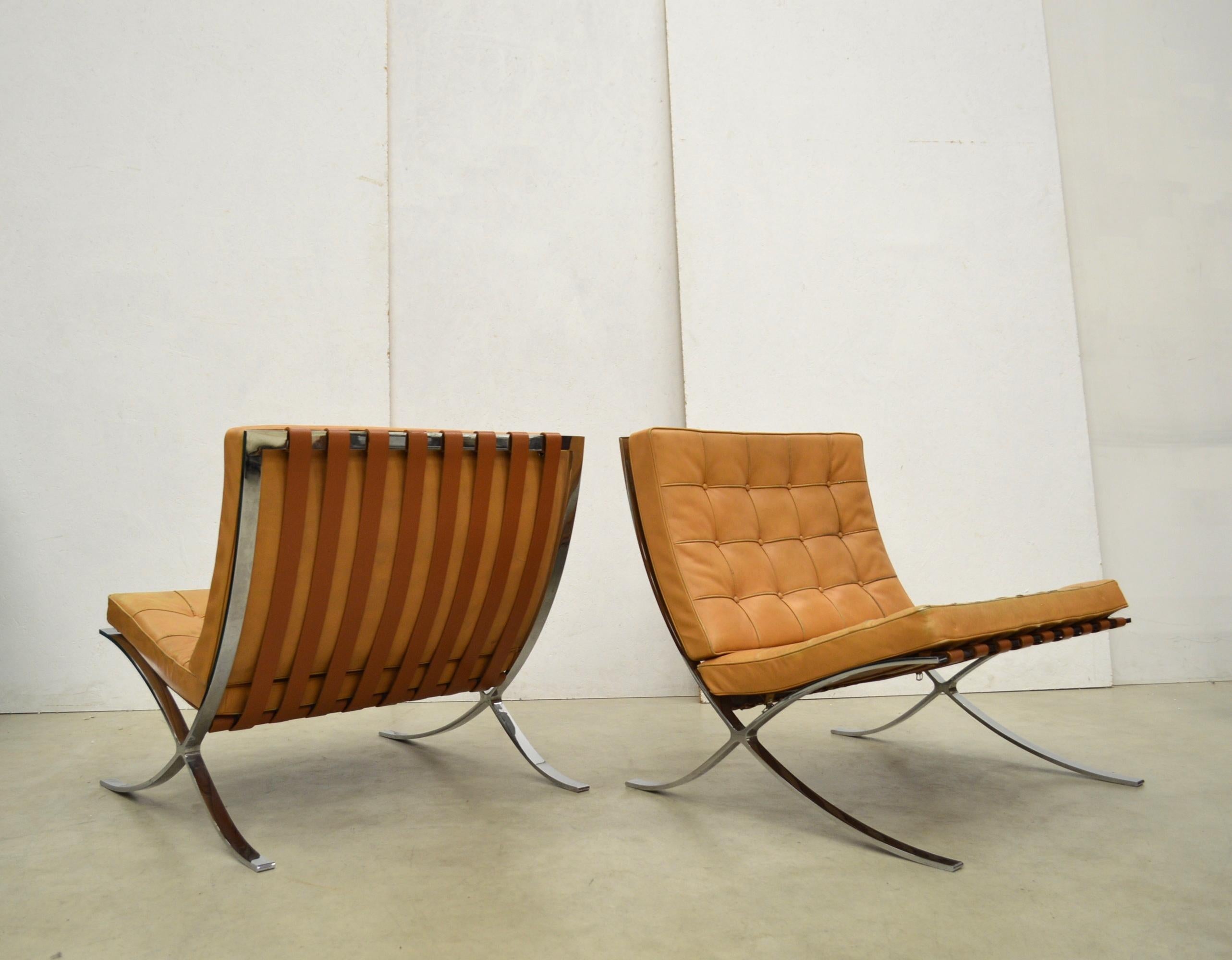 Late 20th Century Pair Vintage Cognac Barcelona Chair by Mies van der Rohe Knoll 1970s