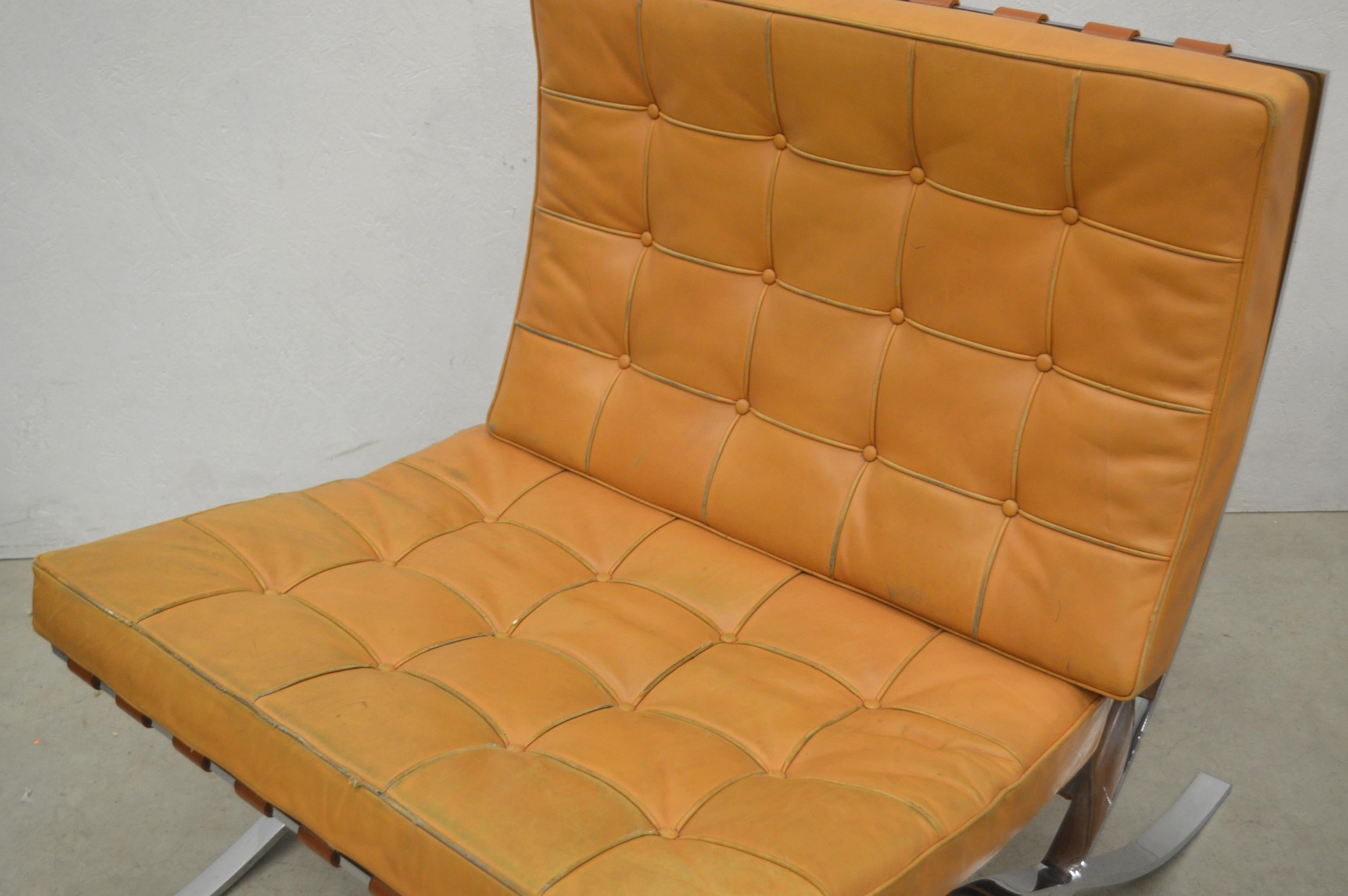 Pair Vintage Cognac Barcelona Chair by Mies van der Rohe Knoll 1970s 1