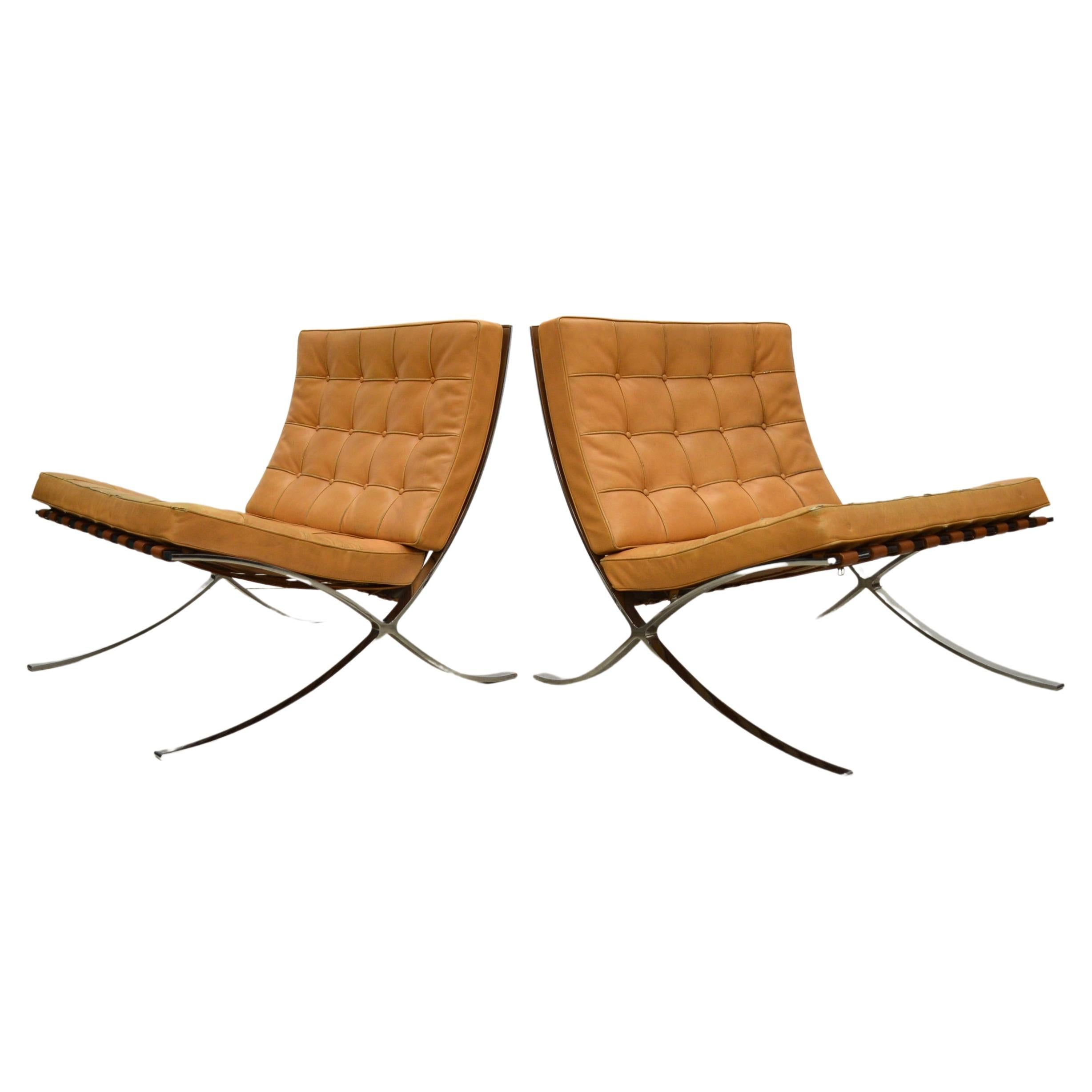 Pair Vintage Cognac Barcelona Chair by Mies van der Rohe Knoll 1970s