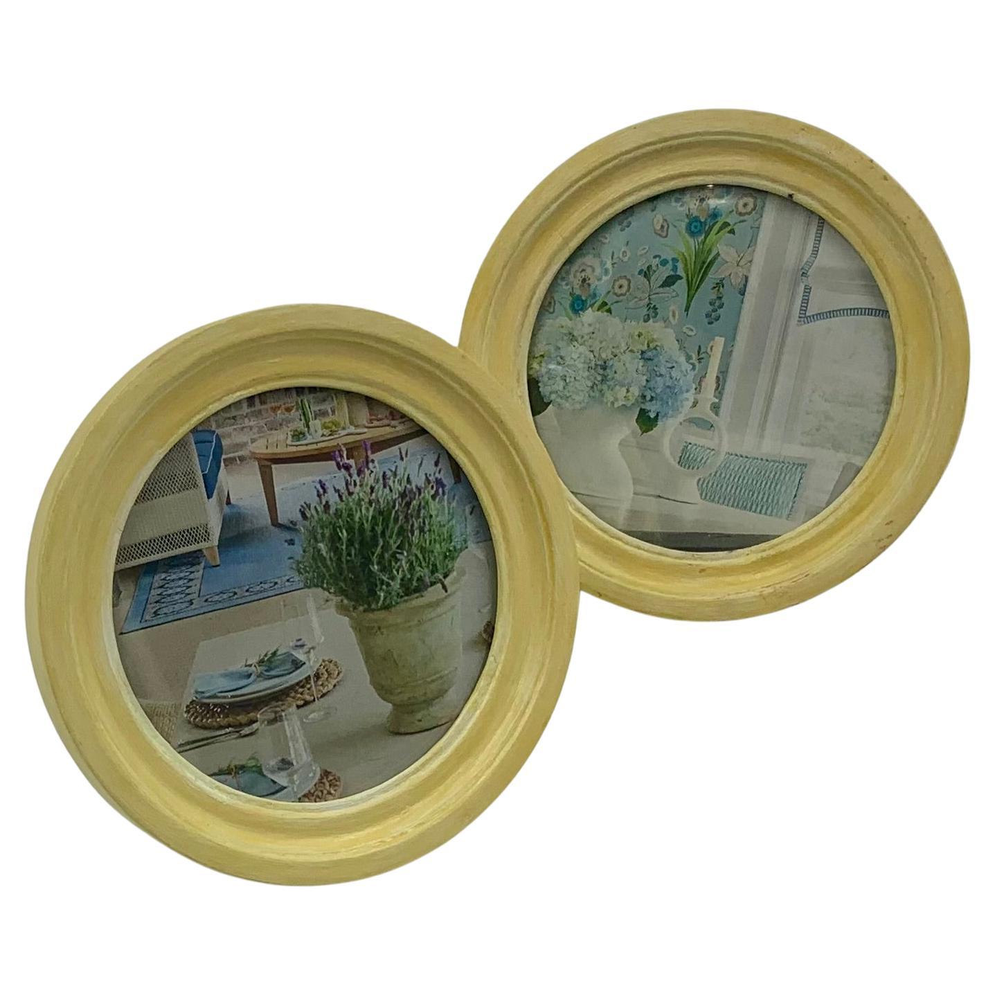Pair Vintage Cottagecore Hand Painted Ivory Colored Round Wood Picture Frames For Sale