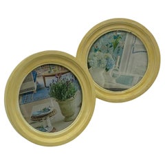 Pair Vintage Cottagecore Hand Painted Ivory Colored Round Wood Picture Frames
