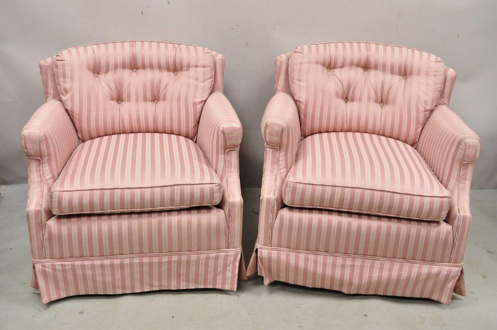 Pair Vintage Custom Pink Candy Stripe Upholstered Swivel Tilt Club Lounge Chairs 4