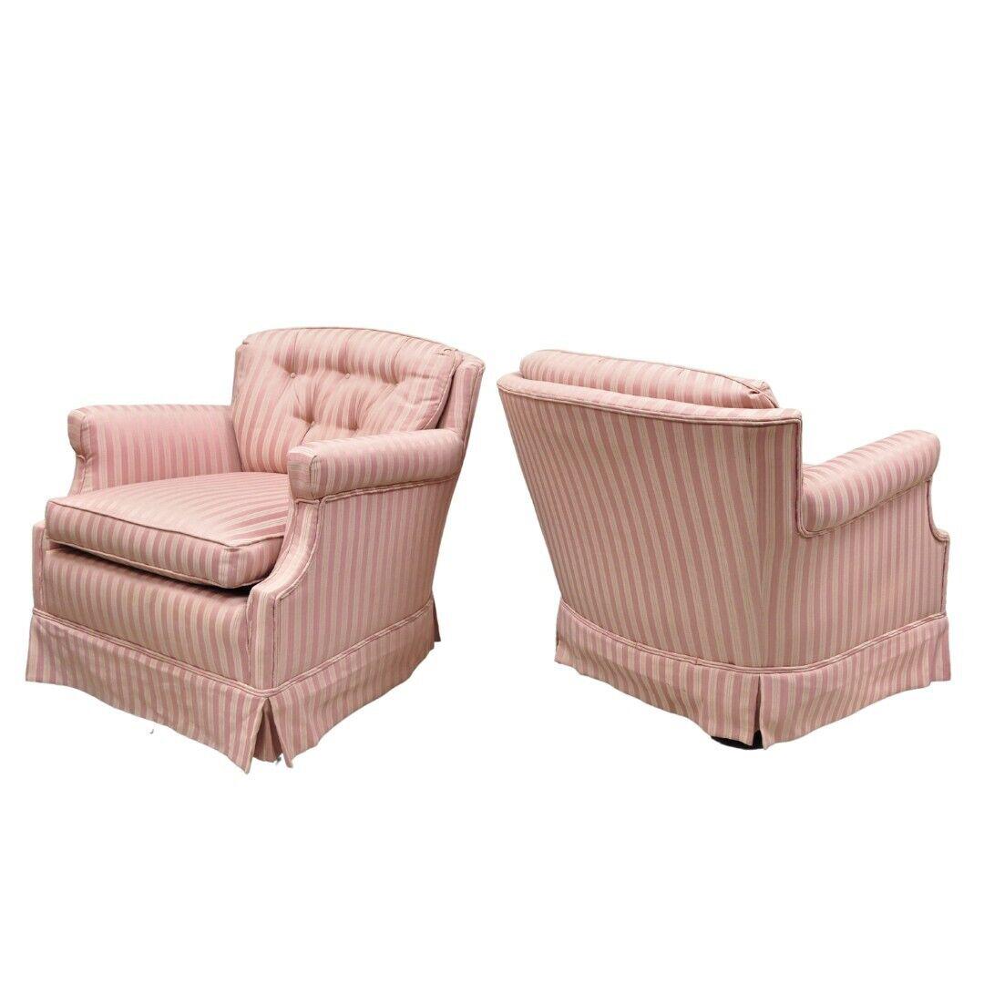 Pair Vintage Custom Pink Candy Stripe Upholstered Swivel and Tilt Club Lounge Chairs. Circa Late 20th Century. Measurements: 29