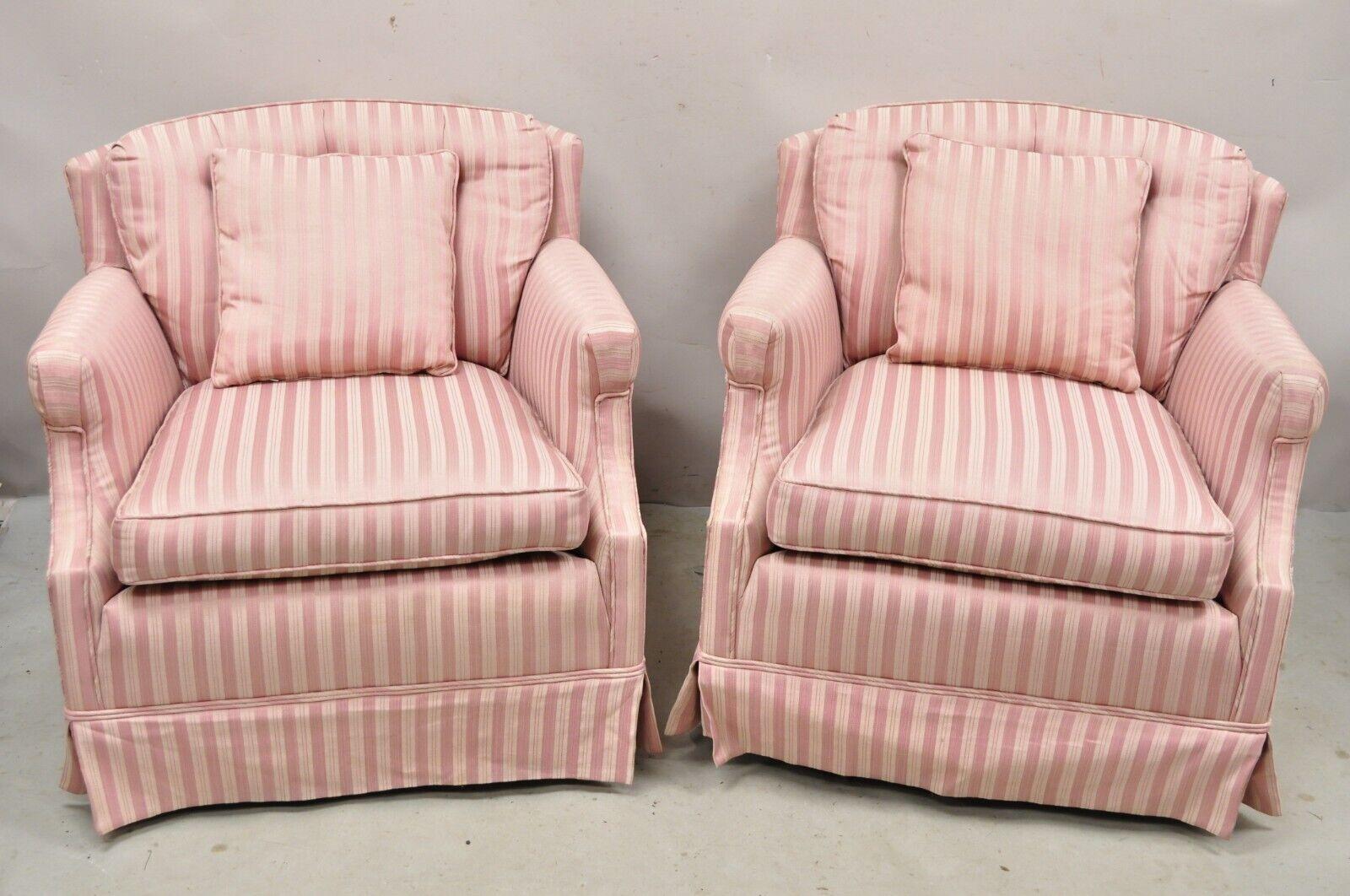 Modern Pair Vintage Custom Pink Candy Stripe Upholstered Swivel Tilt Club Lounge Chairs