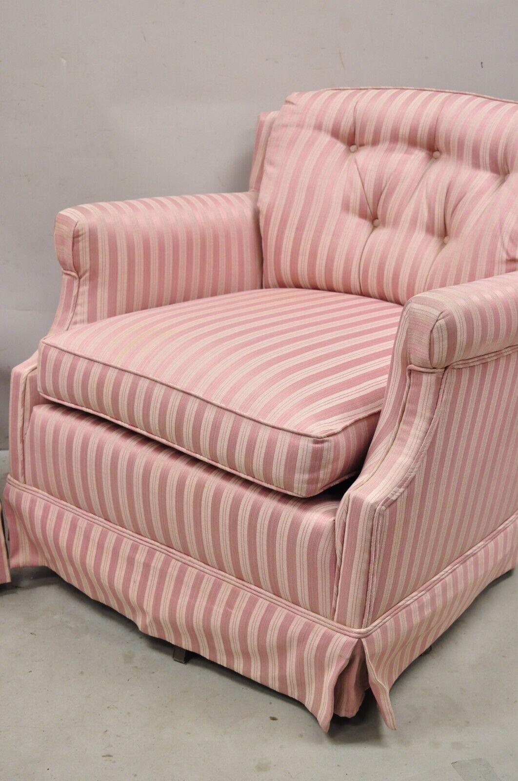 Pair Vintage Custom Pink Candy Stripe Upholstered Swivel Tilt Club Lounge Chairs In Good Condition In Philadelphia, PA