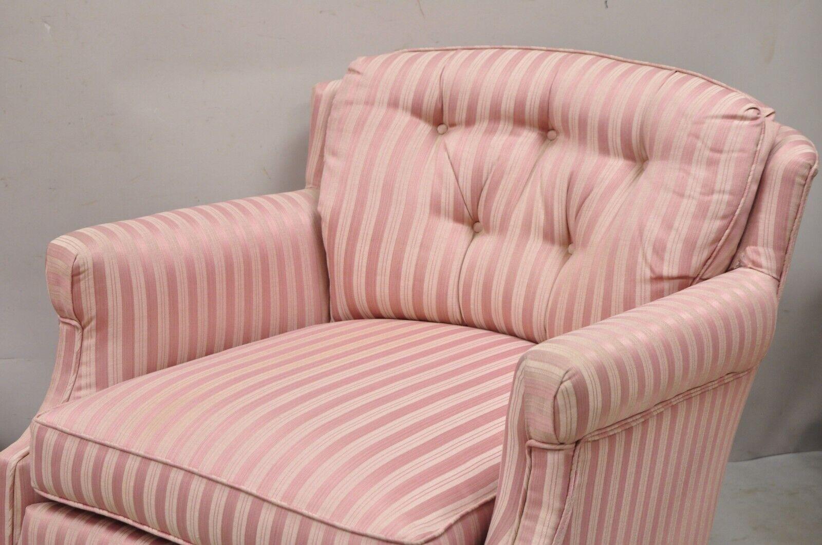 20th Century Pair Vintage Custom Pink Candy Stripe Upholstered Swivel Tilt Club Lounge Chairs