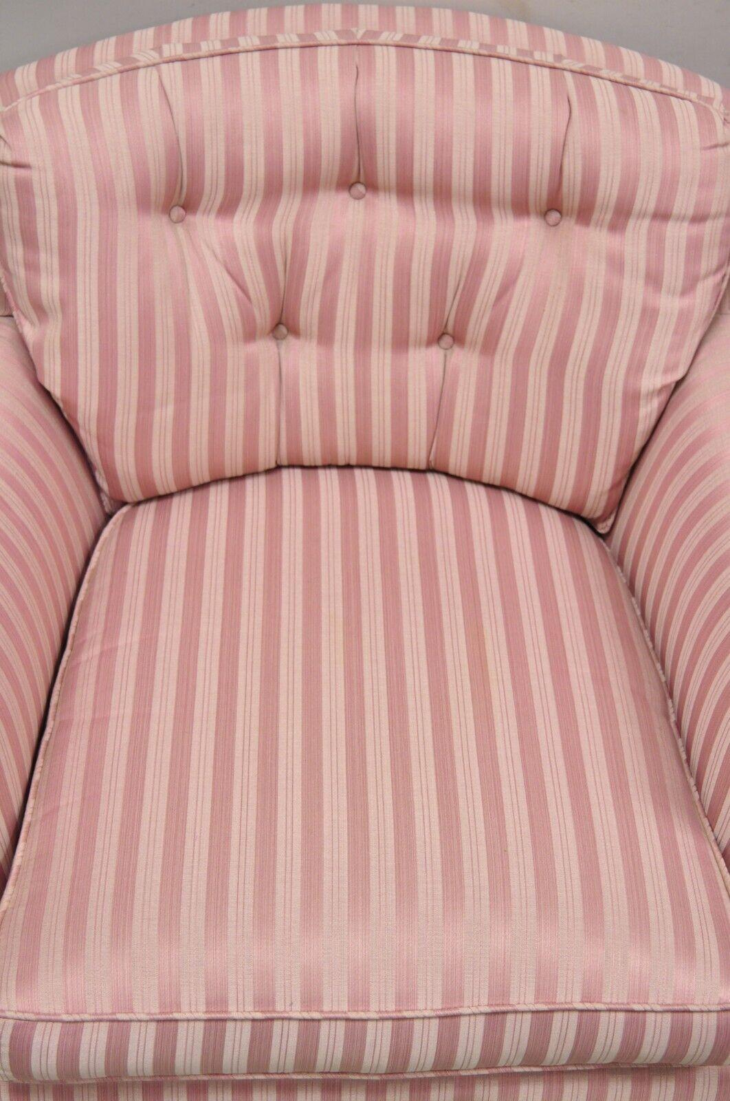 Fabric Pair Vintage Custom Pink Candy Stripe Upholstered Swivel Tilt Club Lounge Chairs