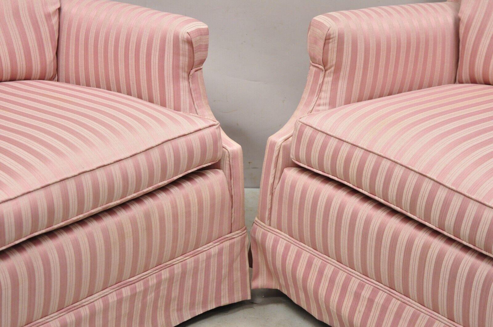 Pair Vintage Custom Pink Candy Stripe Upholstered Swivel Tilt Club Lounge Chairs 2