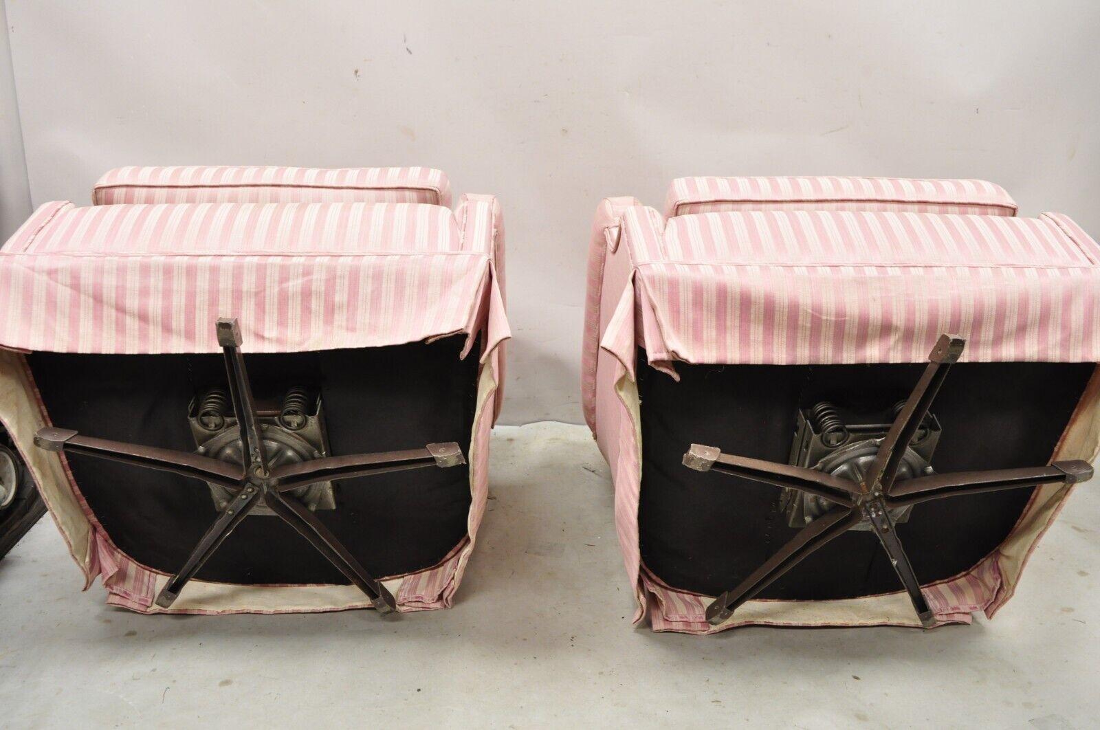 Pair Vintage Custom Pink Candy Stripe Upholstered Swivel Tilt Club Lounge Chairs 3